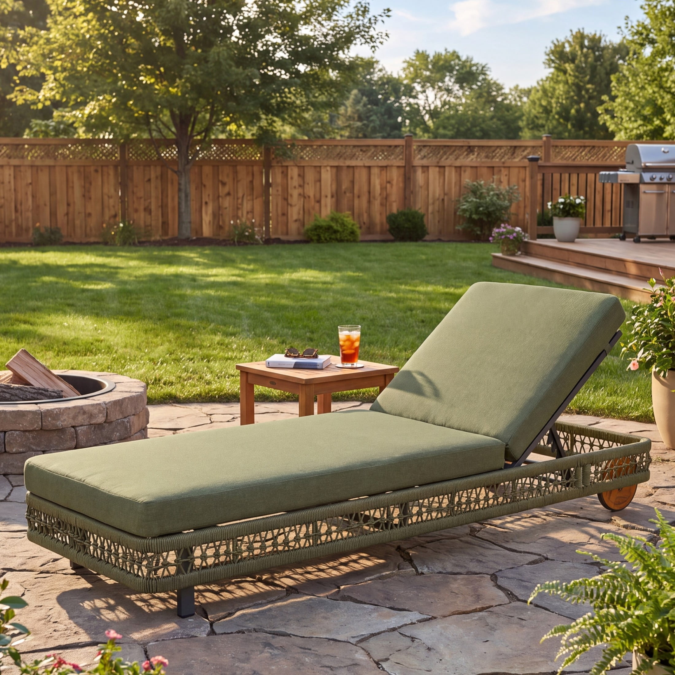 Christopher Knight Home Outdoor Woven Rope Chaise Lounge with Wheels, Adjustable Backrest, Steel Frame, Green