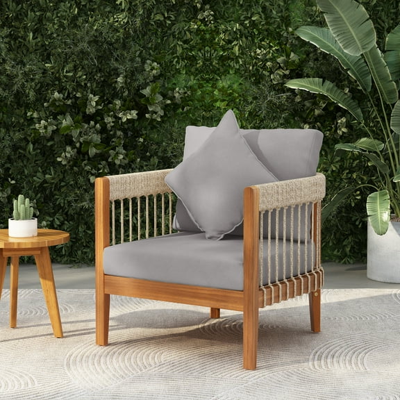 Christopher Knight Home Outdoor Woven Rope Lounge Chair with Cushions, Solid Wood Frame, Grey