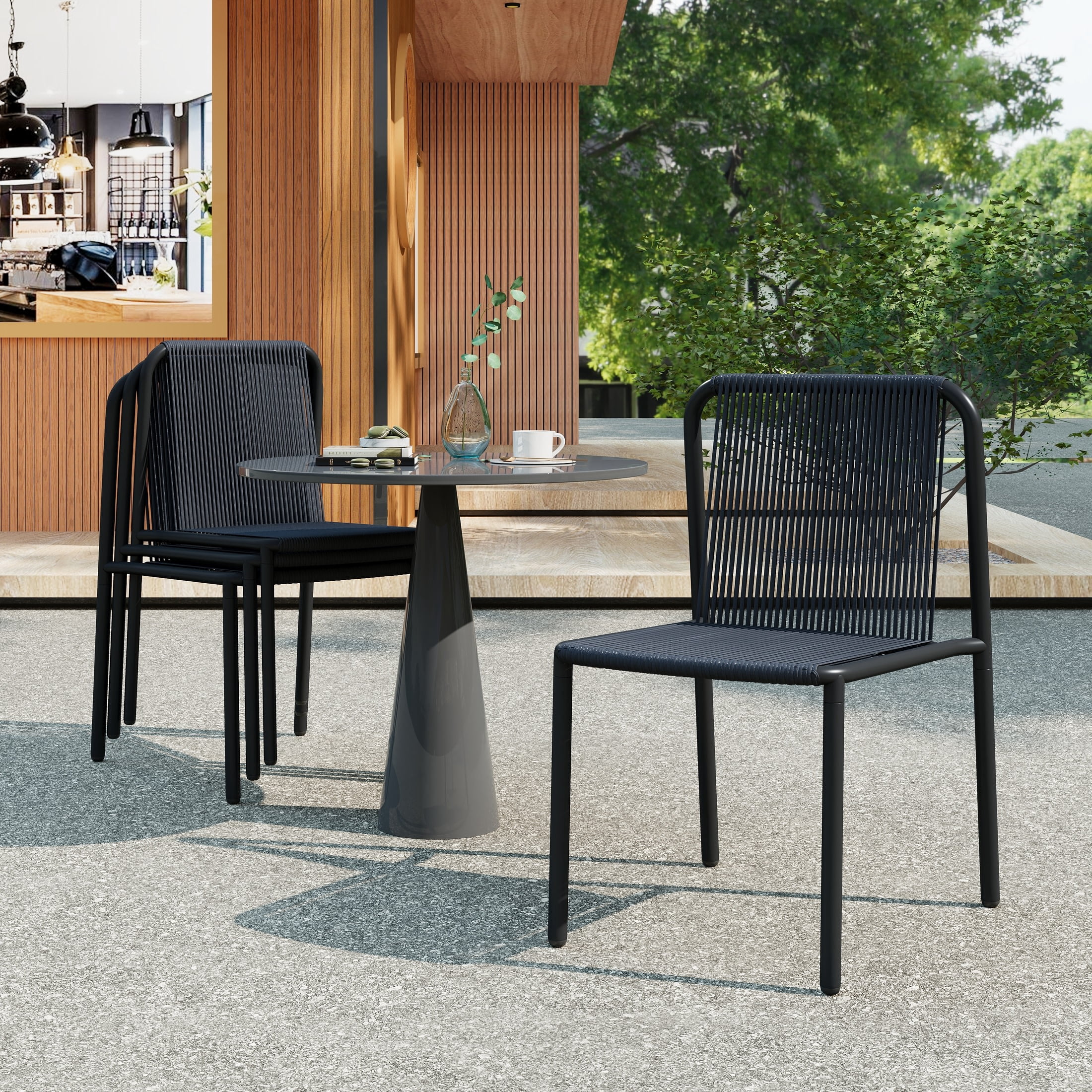 Christopher Knight Home PE Wicker Stackable Outdoor Dining Chairs with Iron Frame, Black, Set of 4