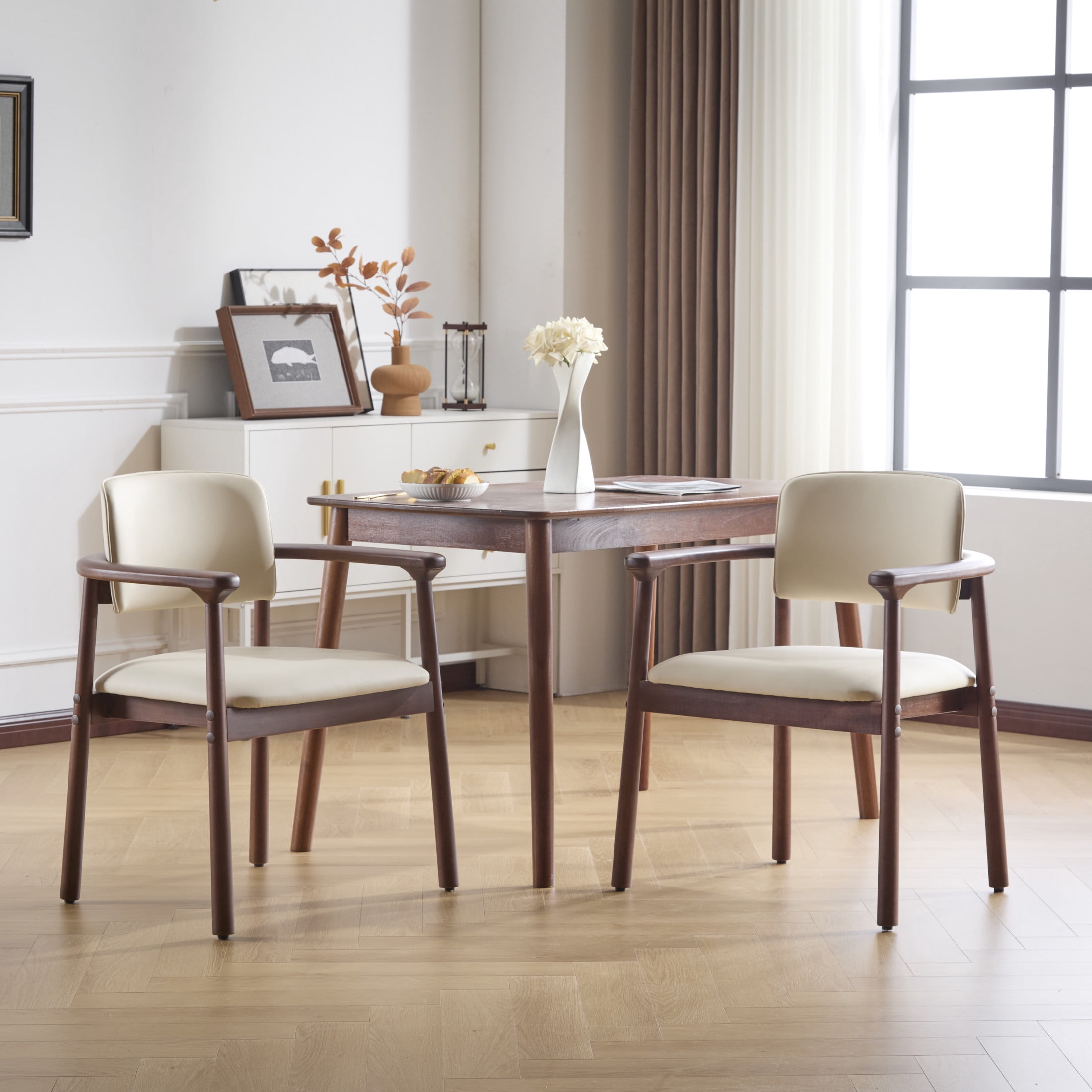 Christopher Knight Home PU Dining Chairs with Curved Backrest, Wood Frame, Dark Walnut + Beige, Set of 2