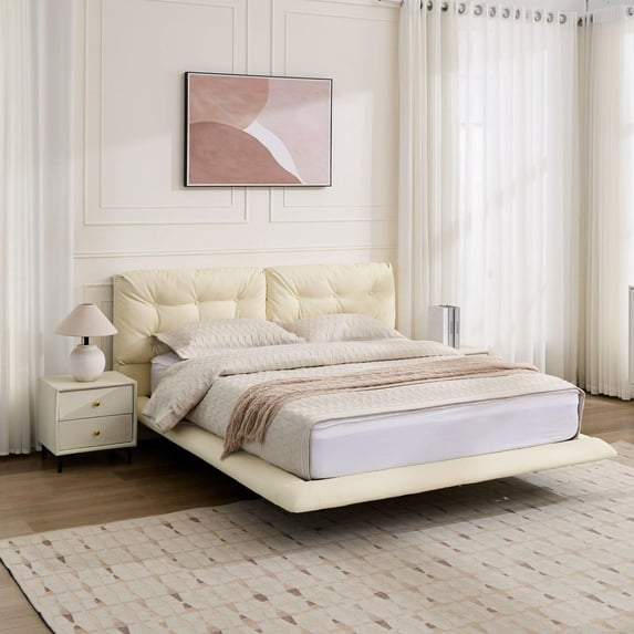 Christopher Knight Home PU Leather Queen Bed Frame with LED Lights, Button-Tufted Headboard, Beige