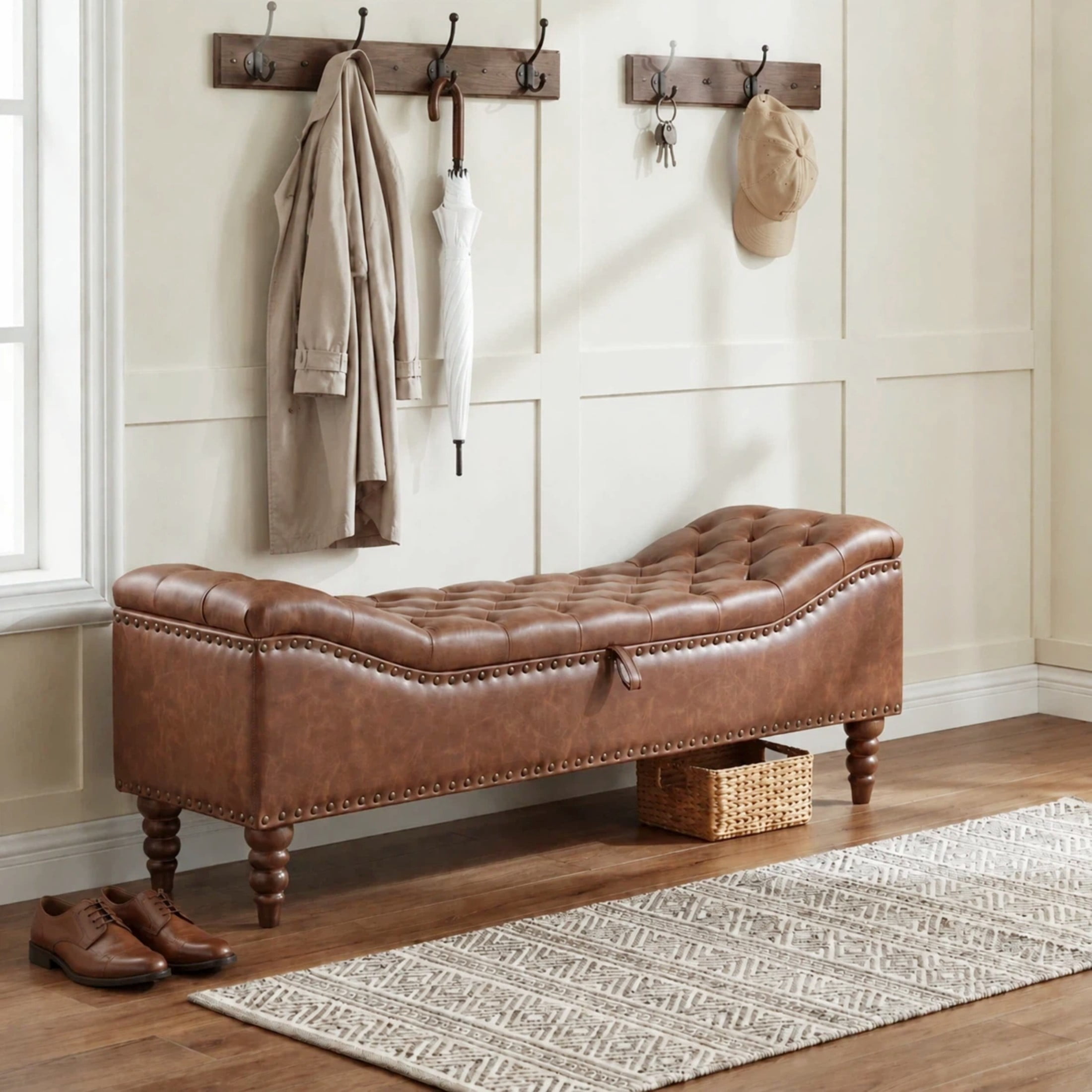 Christopher Knight Home PU Leather Storage Bench, Button-Tufted Ottoman with Nailhead Trim, Brown