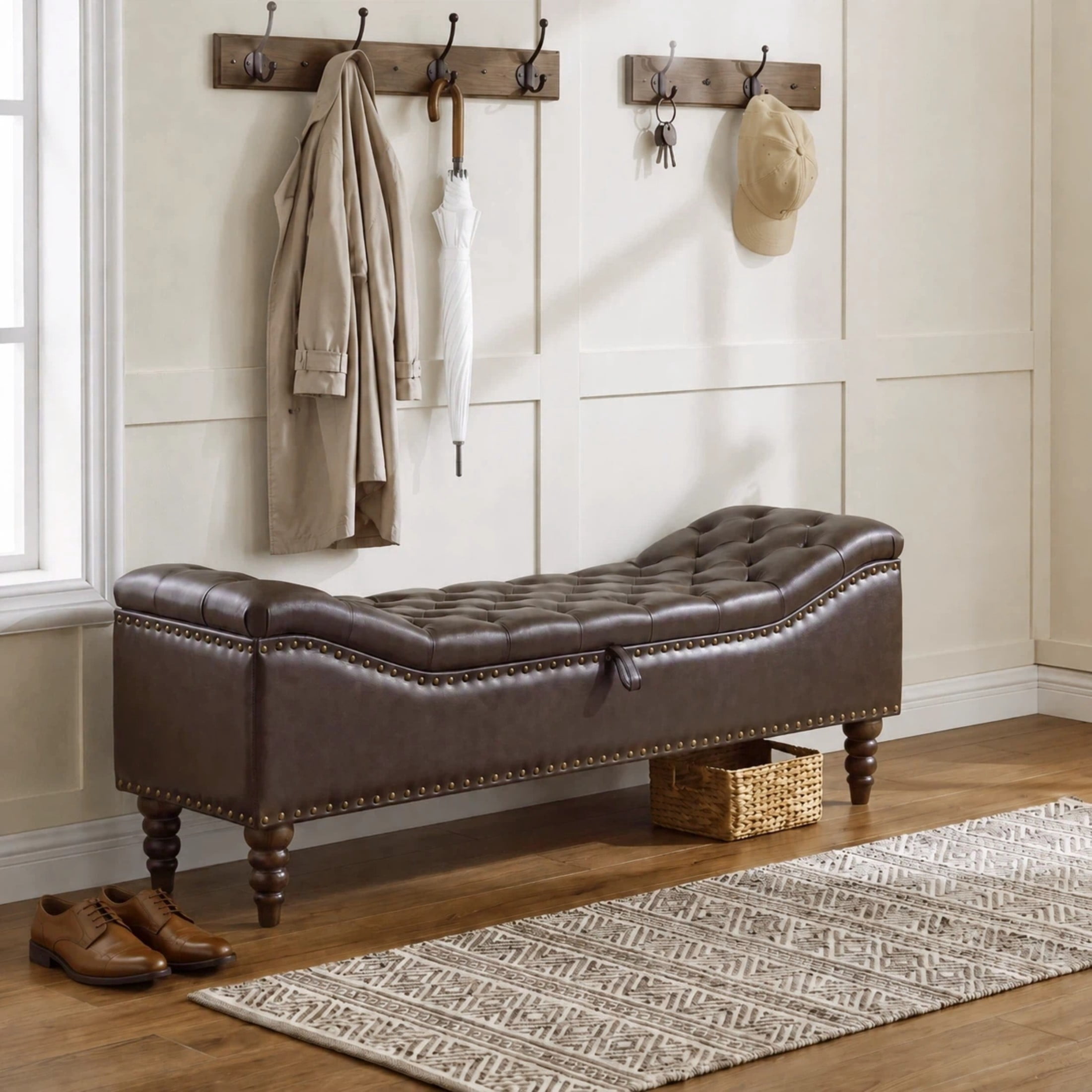 Christopher Knight Home PU Leather Storage Bench, Button-Tufted Ottoman with Nailhead Trim, Dark Brown