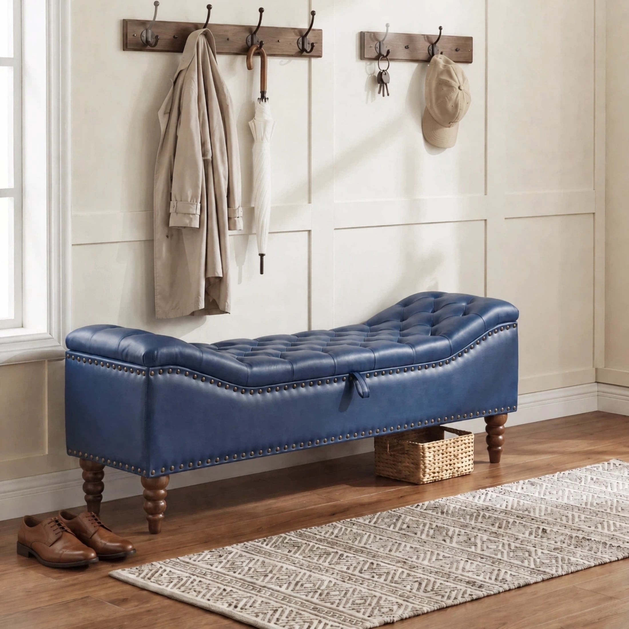 Christopher Knight Home PU Leather Storage Bench, Button-Tufted Ottoman with Nailhead Trim, Navy