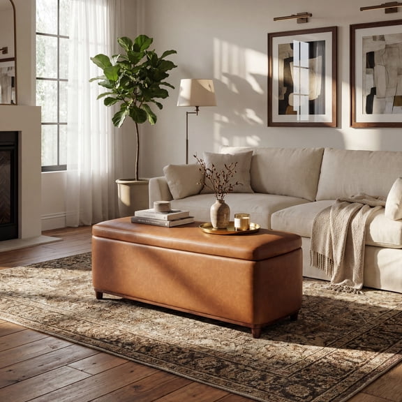 Christopher Knight Home PU Upholstered Storage Ottoman Bench with Solid Wood Legs, Brown