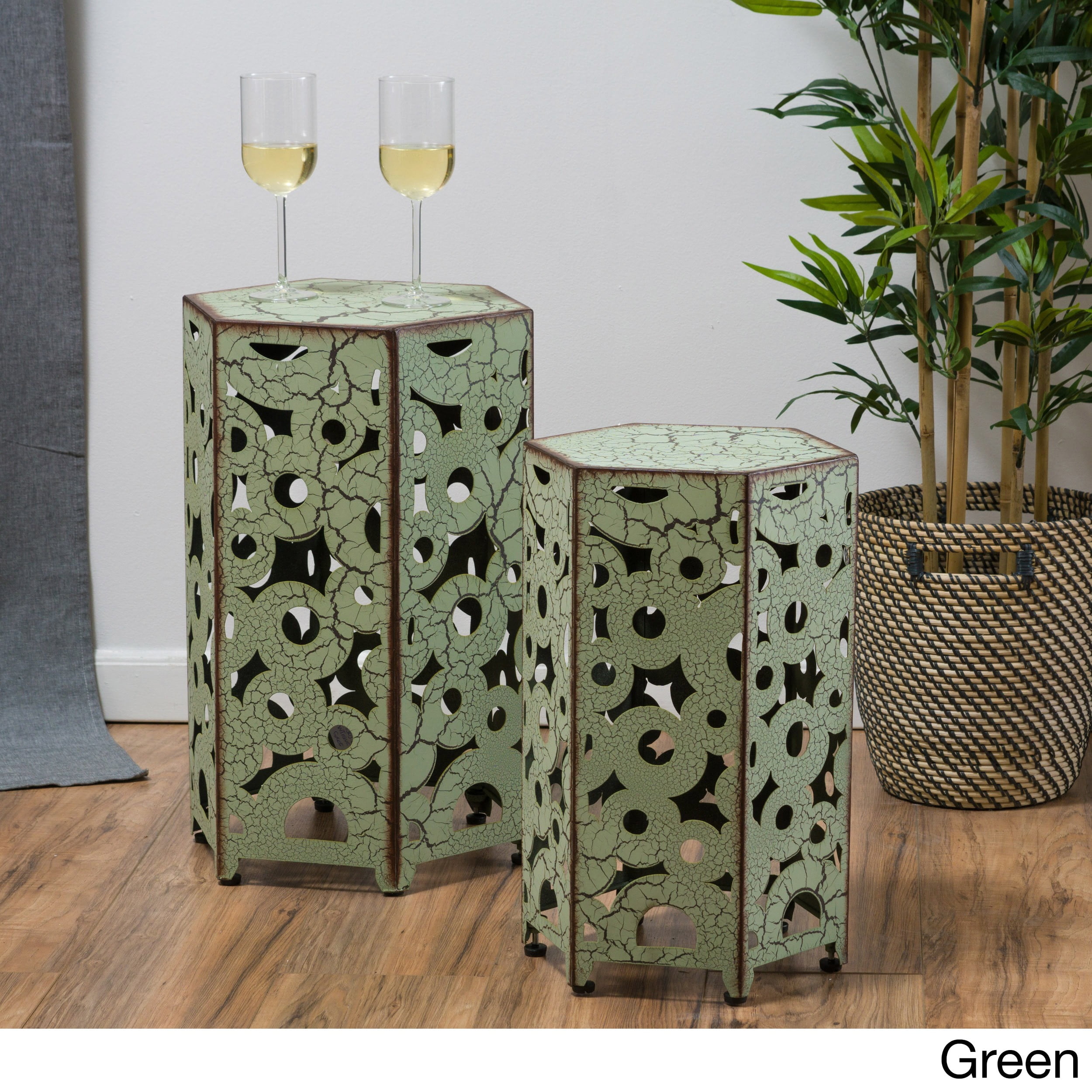 Antique Green Metal Round Accent Tables Set