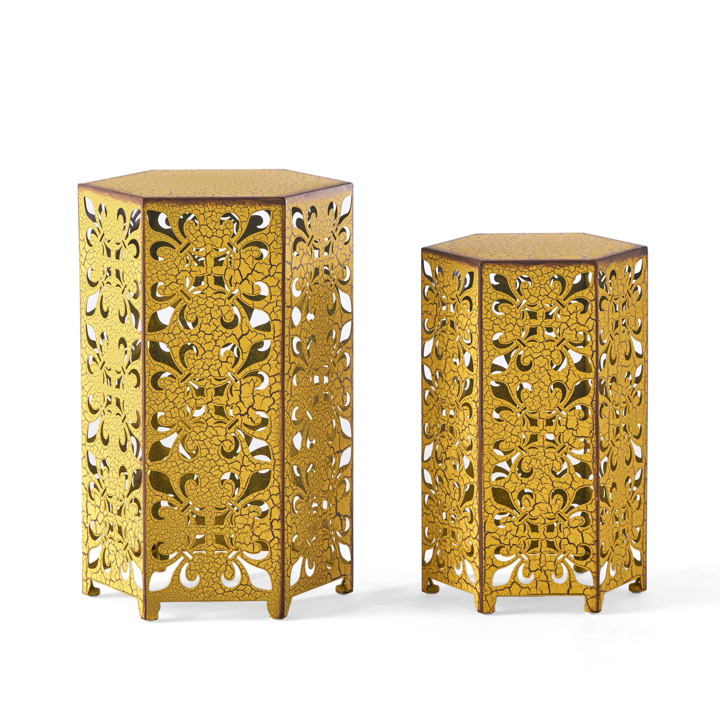 GDF Studio Shay Iron Hexagonal Accent Tables, Antique Yellow