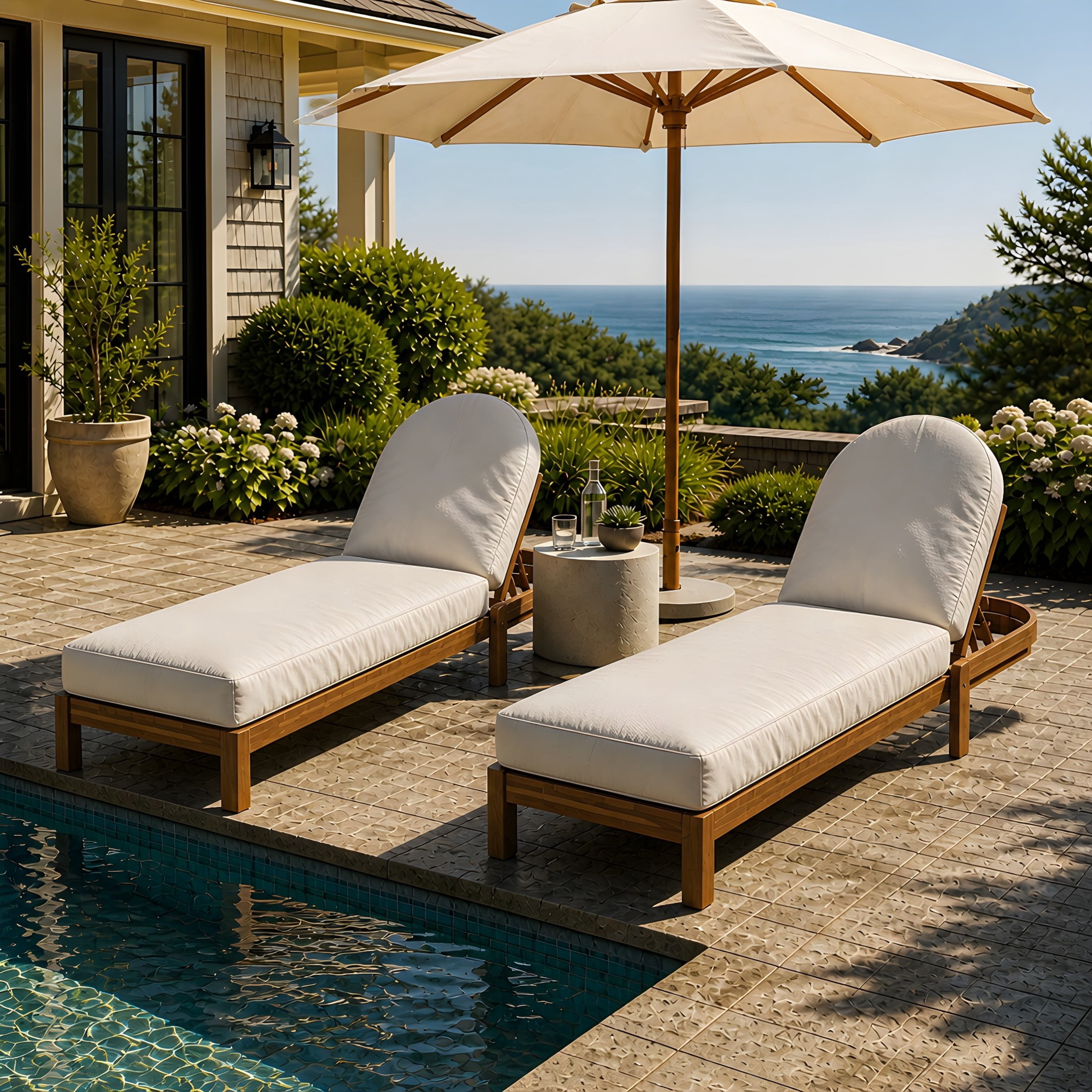 Christopher Knight Home Patio Acacia Wood Chaise Lounge with Cushion, Adjustable Backrest, Teak+Beige, Set of 2