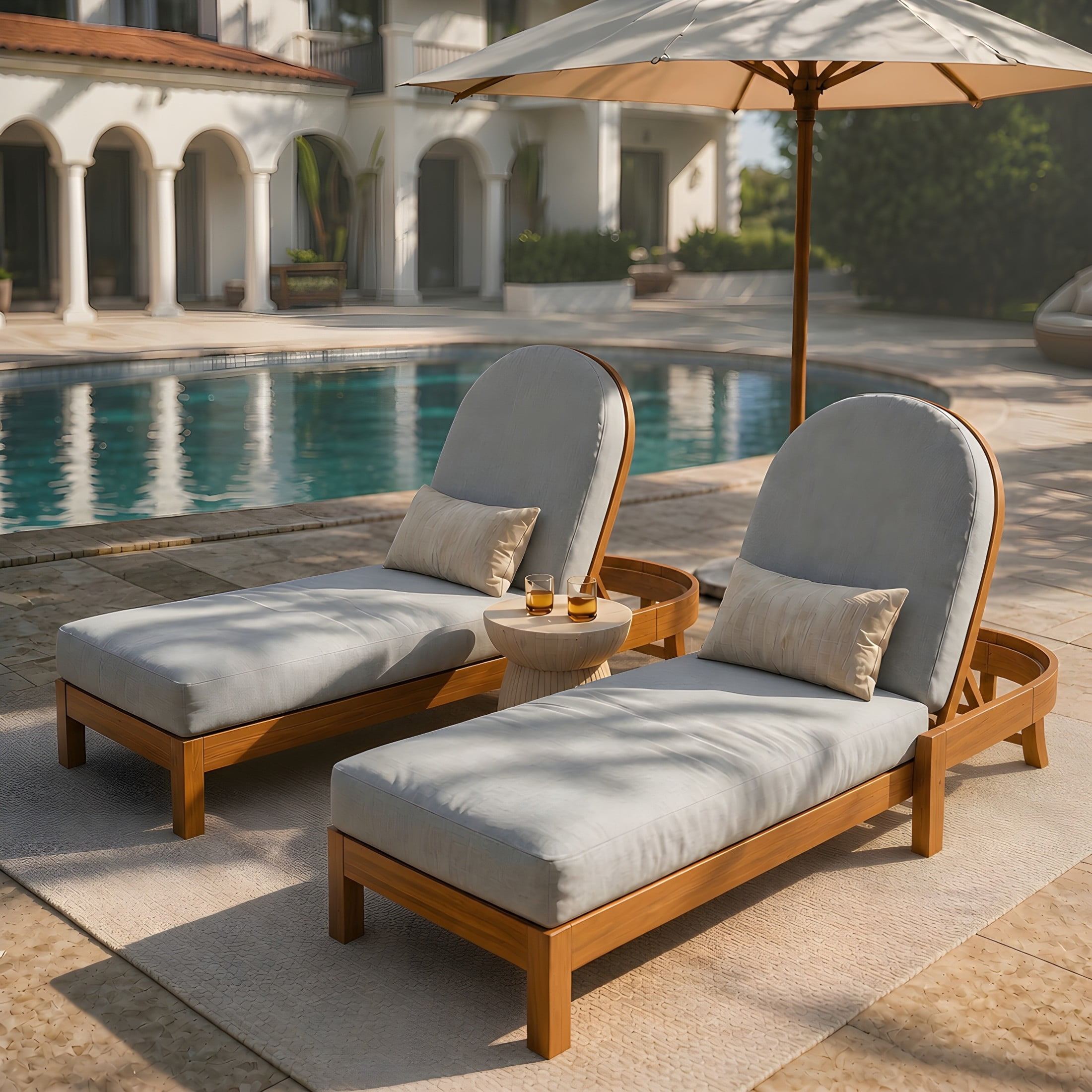 Christopher Knight Home Patio Acacia Wood Chaise Lounge with Cushion, Adjustable Backrest, Teak+Light Gray, Set of 2