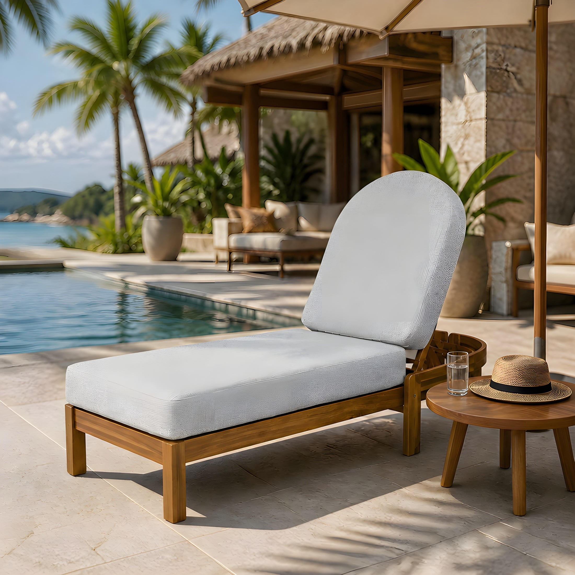 Christopher Knight Home Patio Acacia Wood Chaise Lounge with Cushion, Adjustable Backrest, Teak+Light Gray