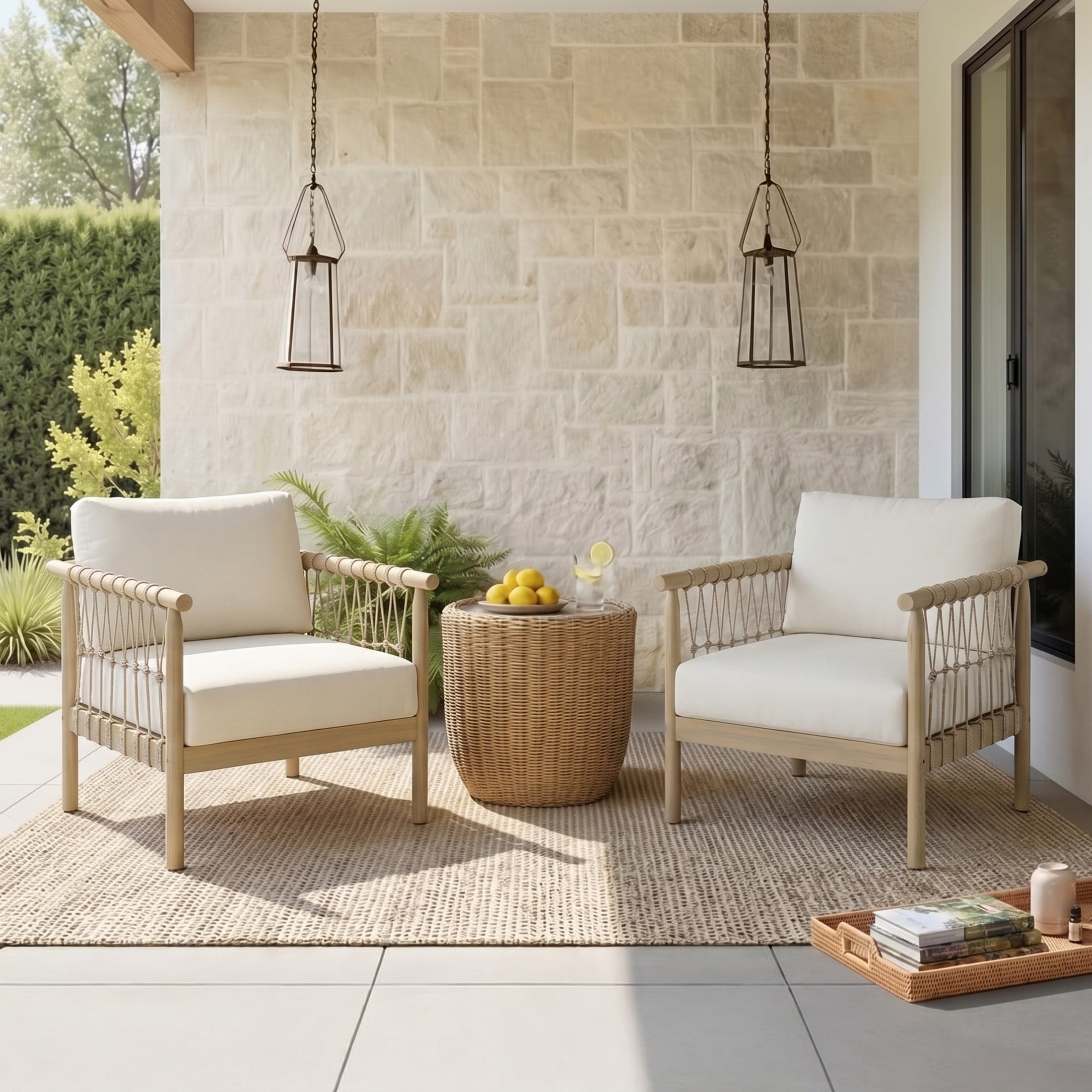 Christopher Knight Home Patio Acacia Wood Club Chair with Rope Accents and Cream Cushions, Light Teak, Set of 2