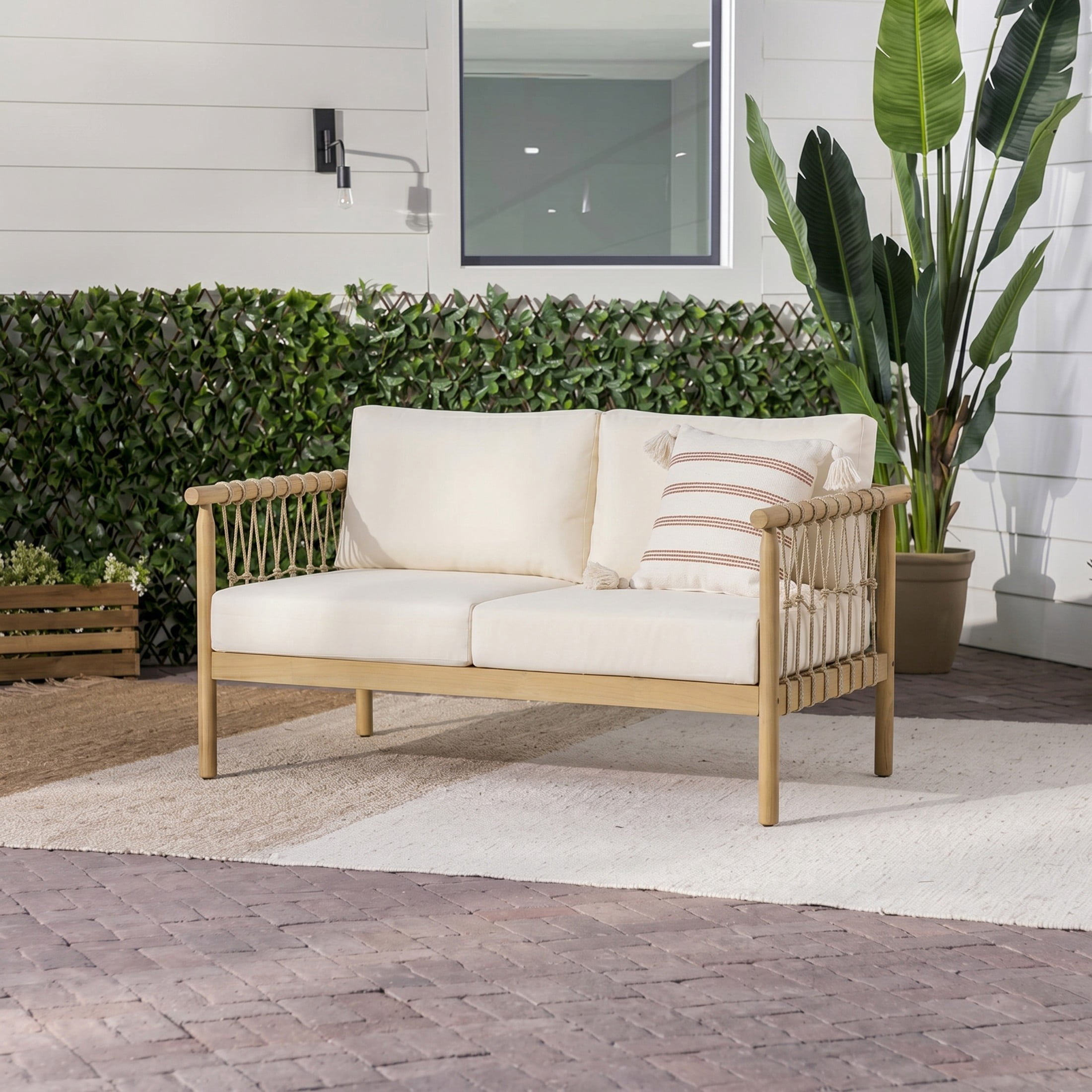 Christopher Knight Home Patio Acacia Wood Loveseat with Rope Accents and Cream Cushions, Light Teak