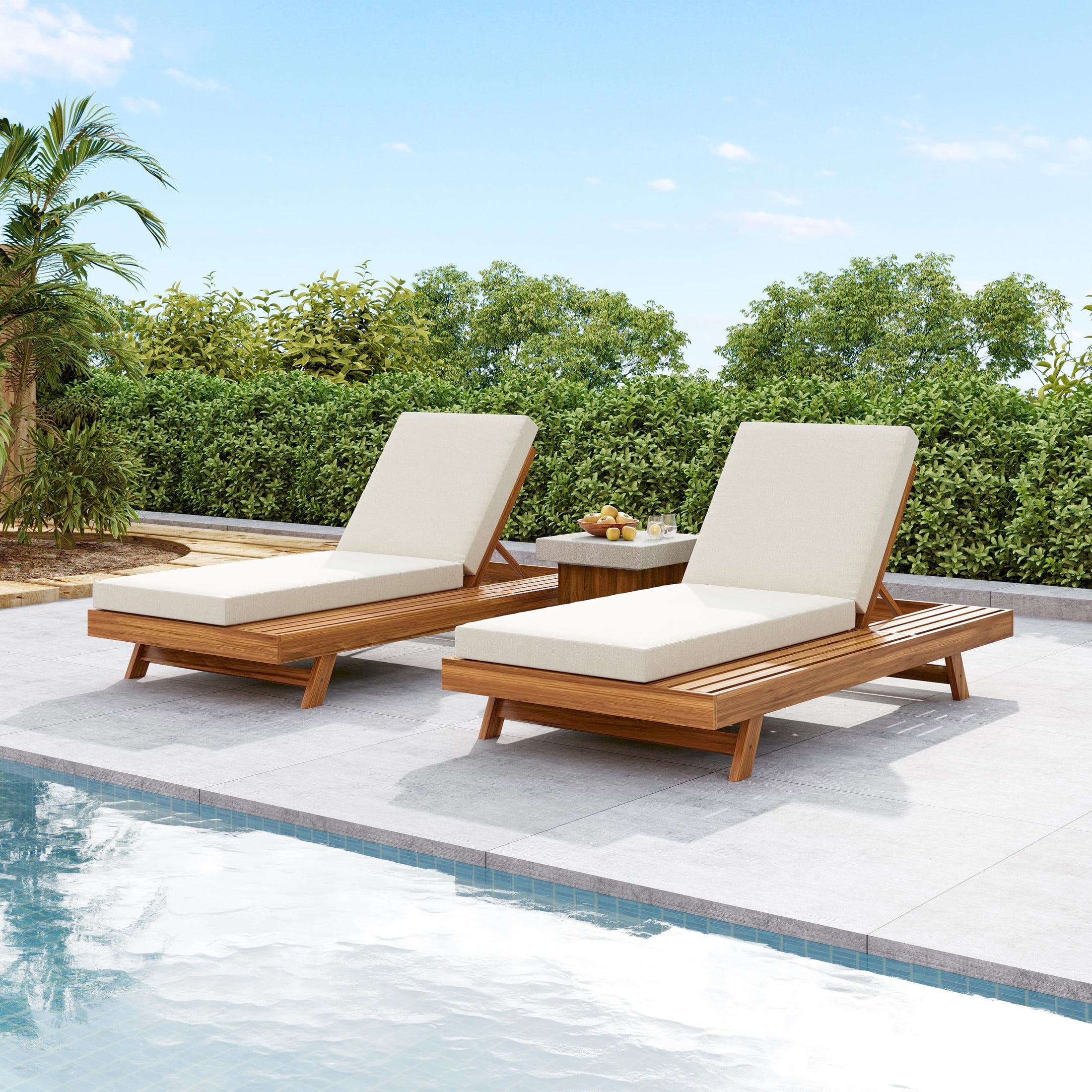 Christopher Knight Home Patio Chaise Lounge with Cushion, 4-Position Adjustable Reclining Chair, Cream, Set of 2