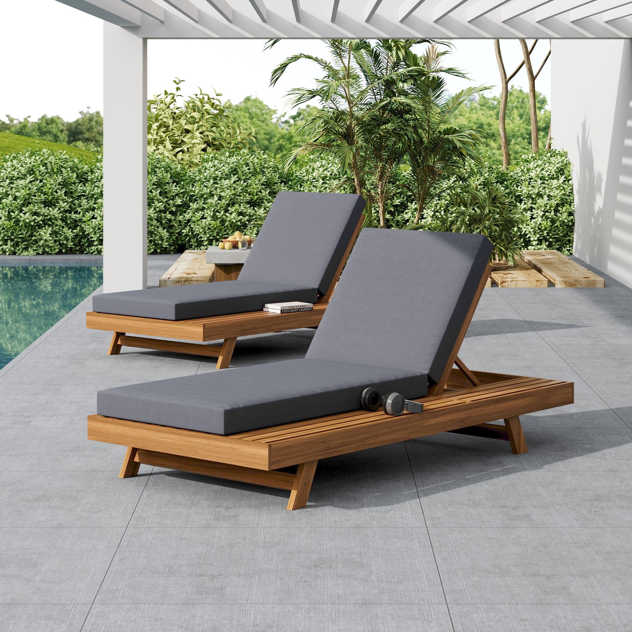 Christopher Knight Home Patio Chaise Lounge with Cushion, 4-Position Adjustable Reclining Chair, Dark Grey, Set of 2