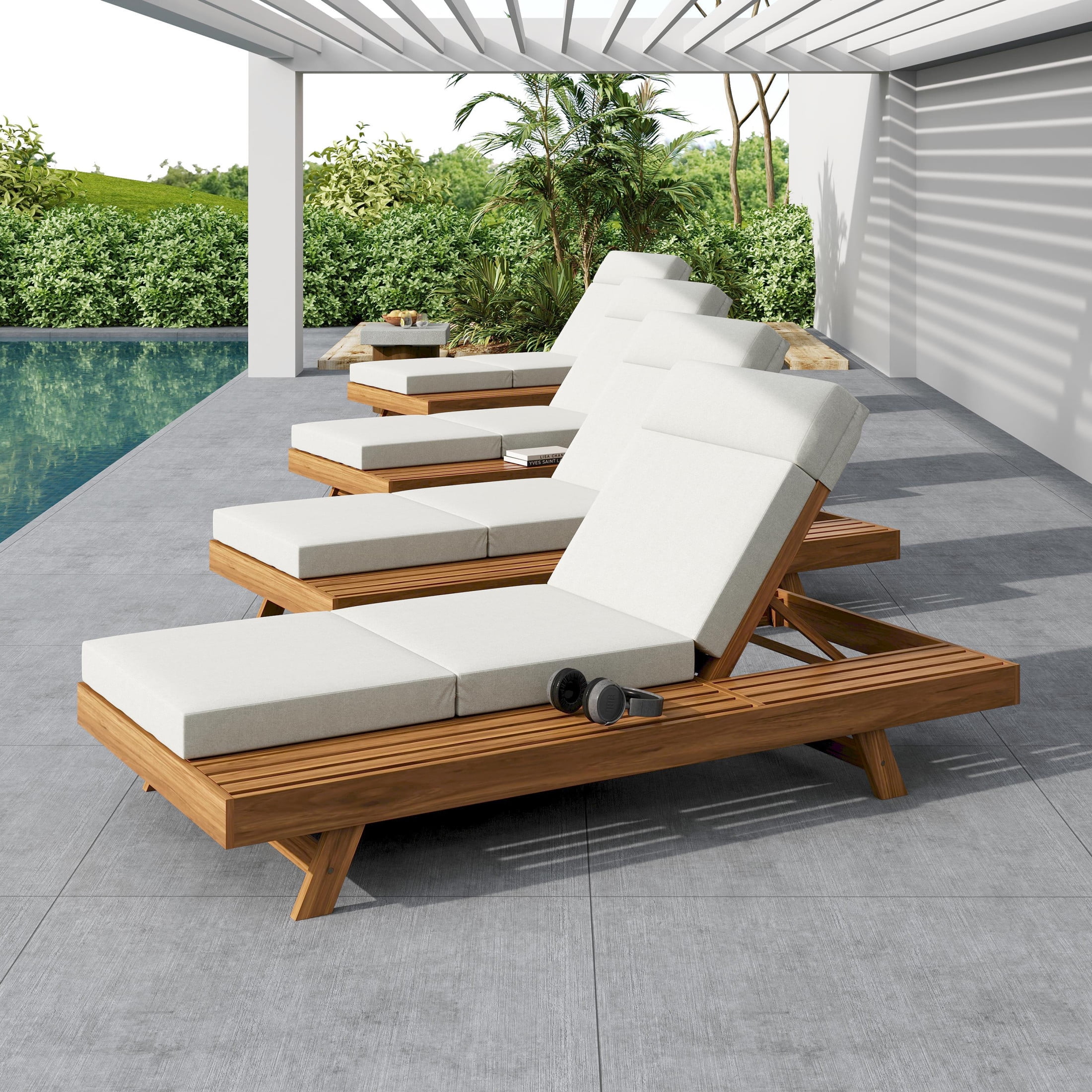 Christopher Knight Home Patio Chaise Lounge with Quad-Folding Cushion, Adjustable 4-Position Backrest, Cream, Set of 4
