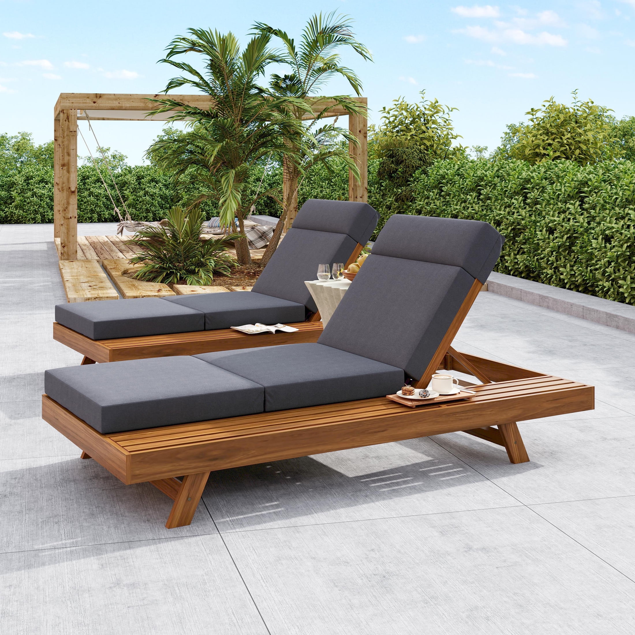 Christopher Knight Home Patio Chaise Lounge with Quad-Folding Cushion, Adjustable 4-Position Backrest, Dark Gray, Set of 2