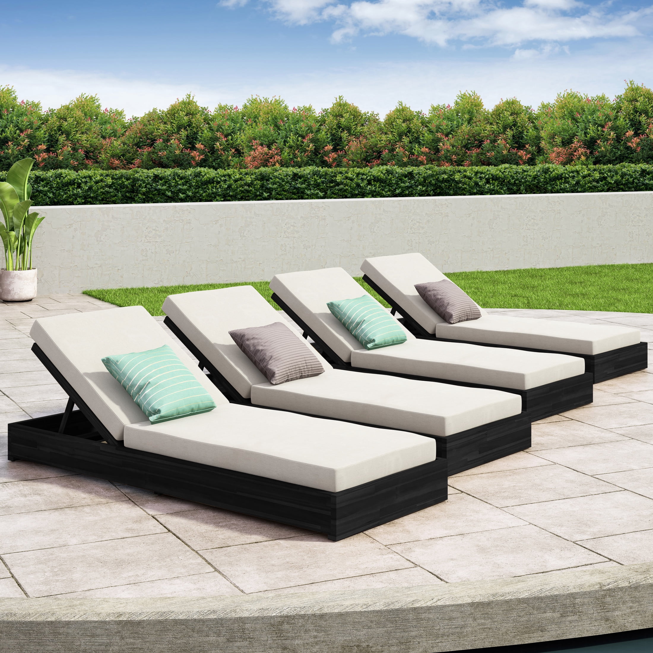 Christopher Knight Home Patio Chaise Lounges with Cushions, Solid Wood Frame, Black+Beige, Set of 4