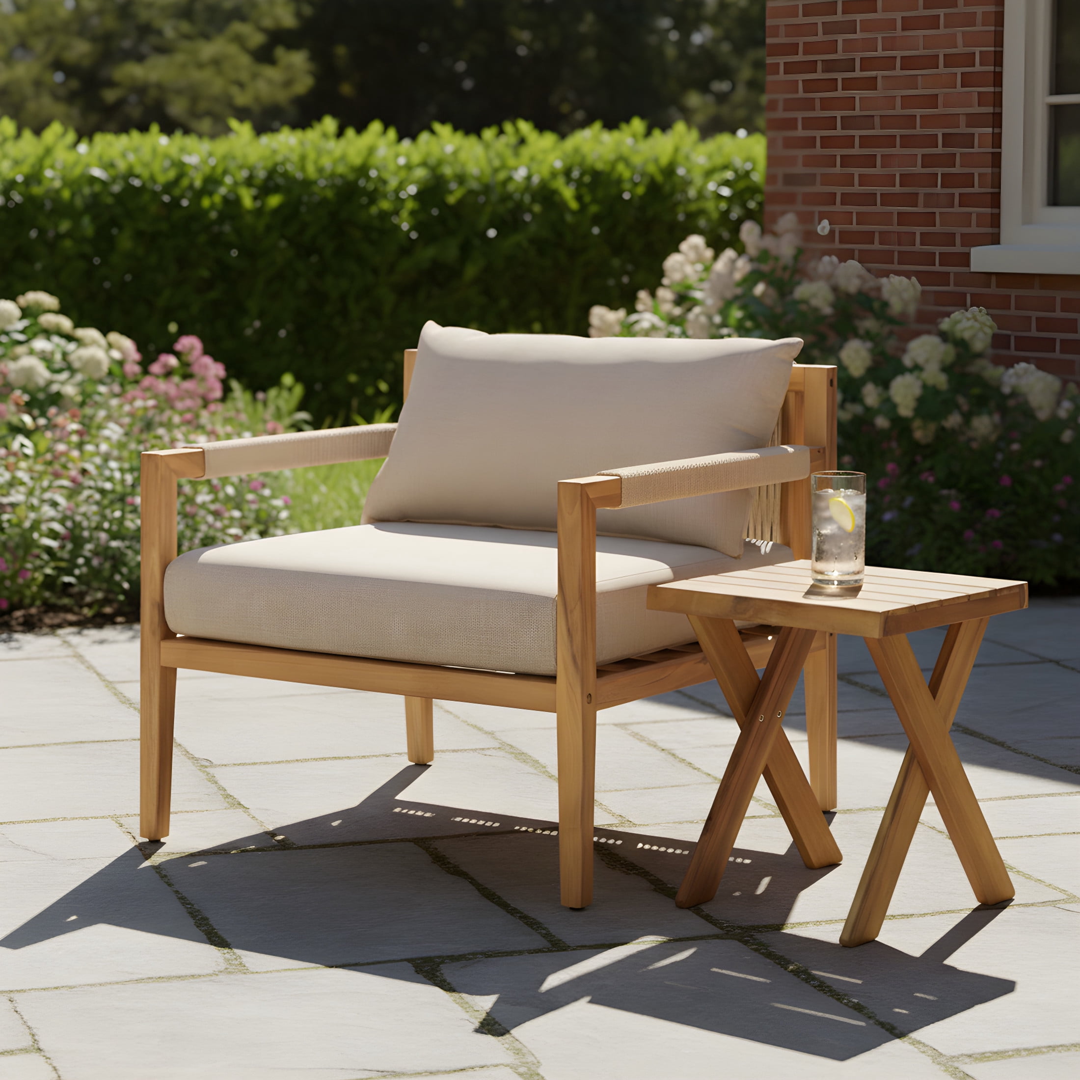 Christopher Knight Home Patio Outdoor Lounge Chair with Rope Accents & Side Table Set, Beige Cushion