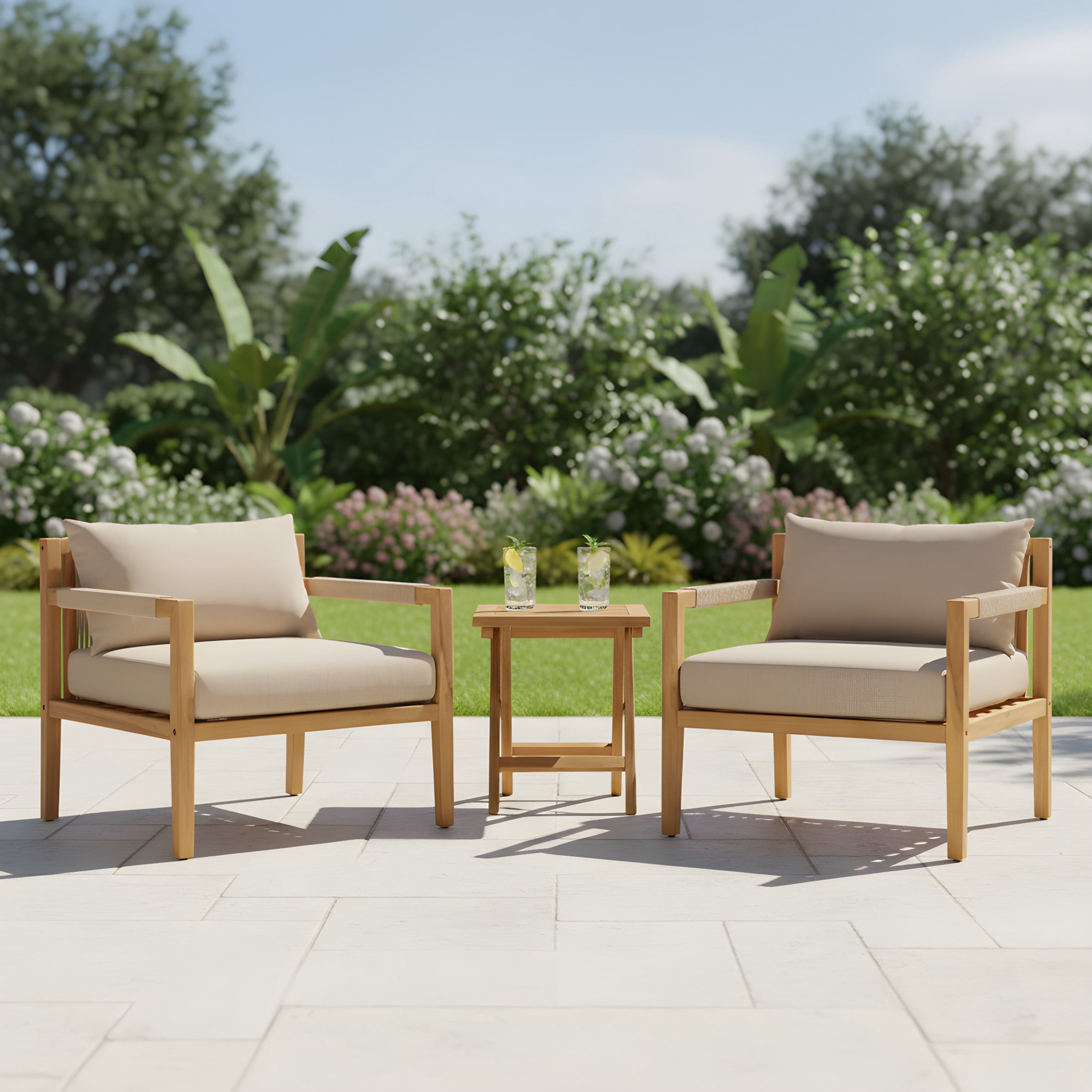Christopher Knight Home Patio Outdoor Lounge Chairs with Rope Accents & Side Table Set, Beige Cushion