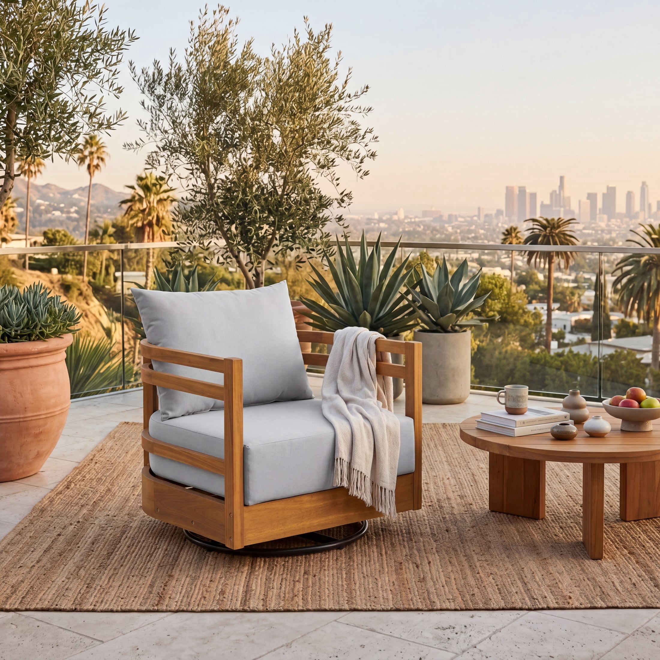 Christopher Knight Home Patio Swivel Chair with 360° Rotating Base, Water-Resistant Cushion, Teak + Gray