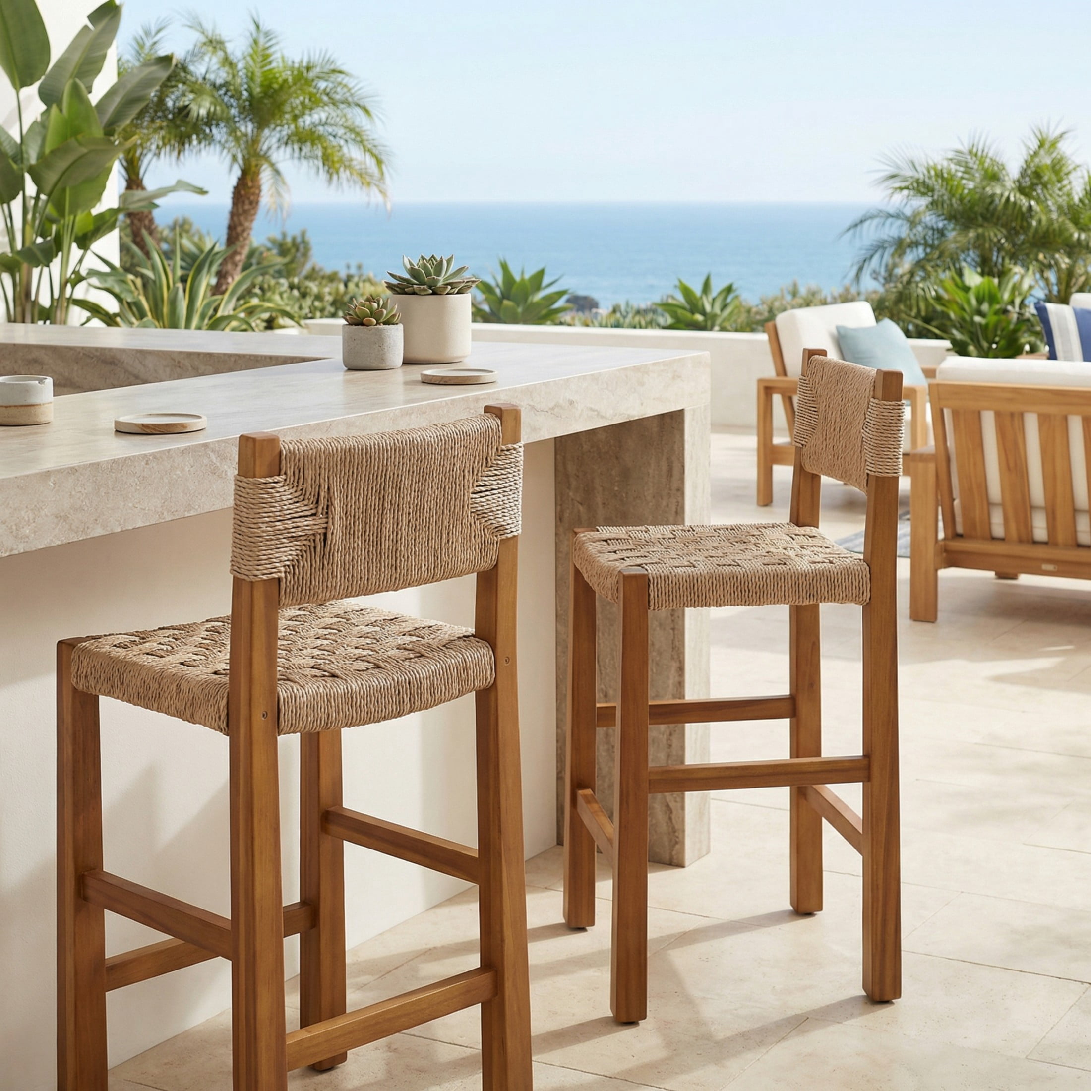 Christopher Knight Home Patio Wicker Counter Height Bar Stools, Acacia Wood Frame, Light Brown, Set of 2