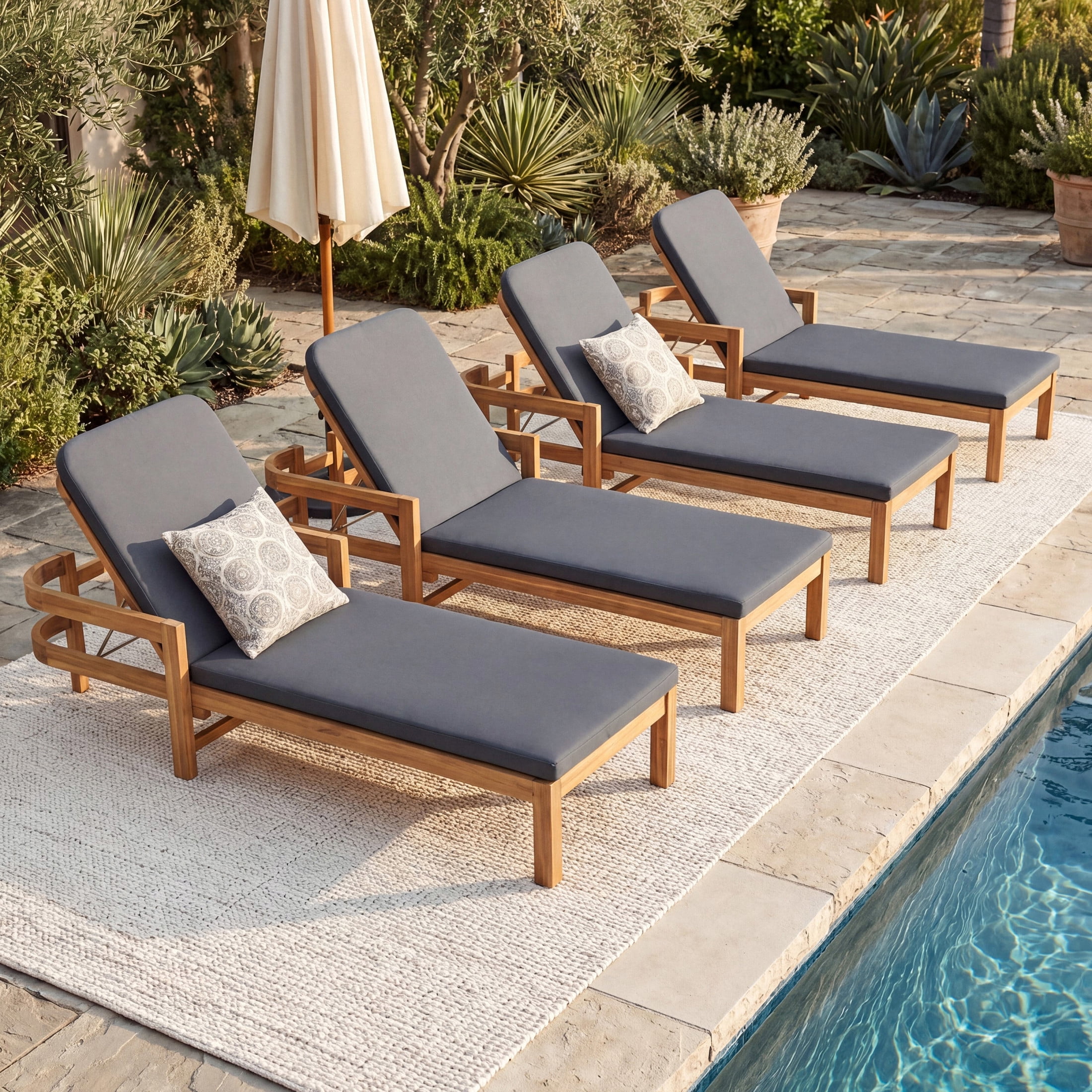 Christopher Knight Home Patio Wood Chaise Lounge Chair with Adjustable Backrest and Cushion, Dark Grey, Set of 4