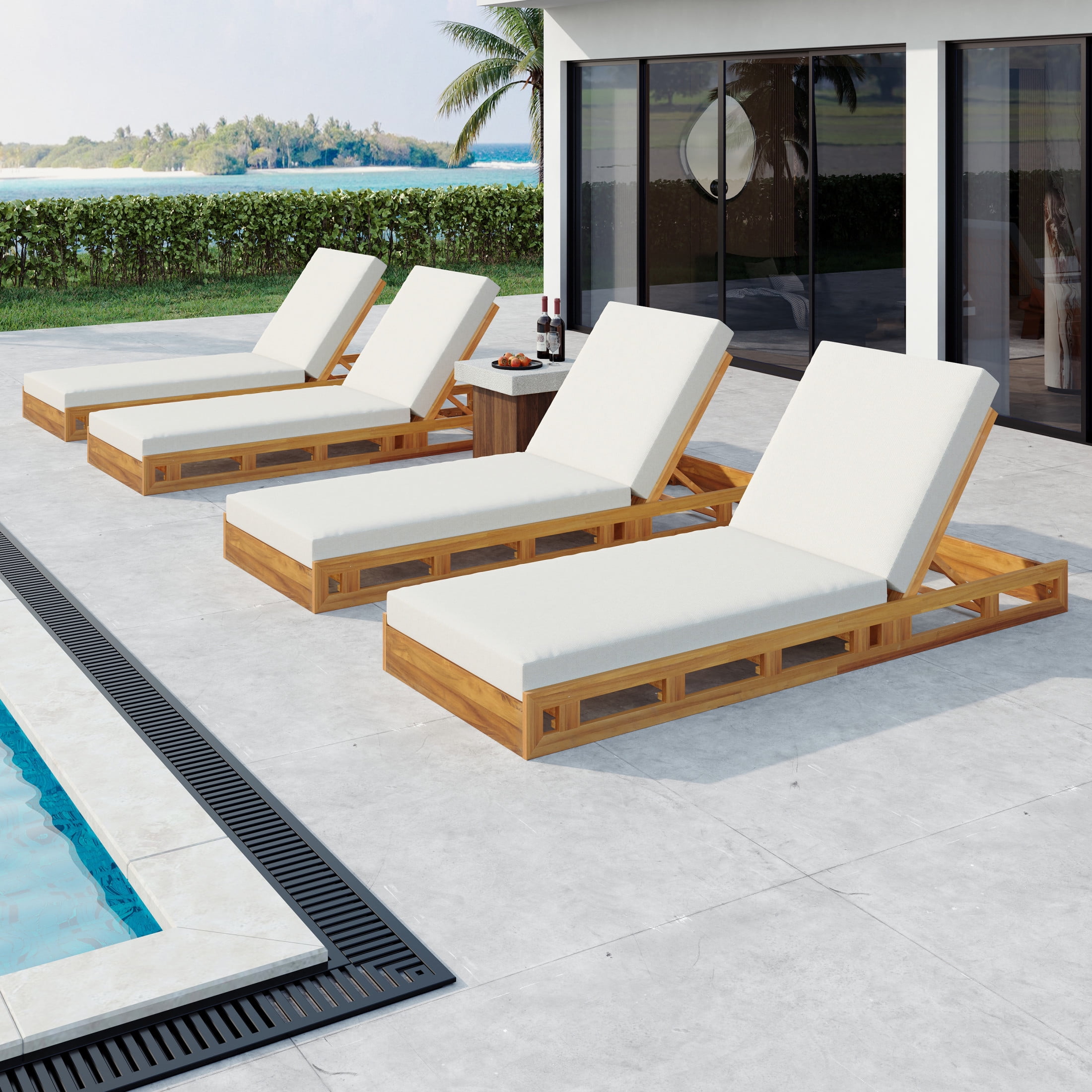 Christopher Knight Home Patio Wood Chaise Lounge with Adjustable Backrest, Slatted Base and Cushion, Cream, Set of 4