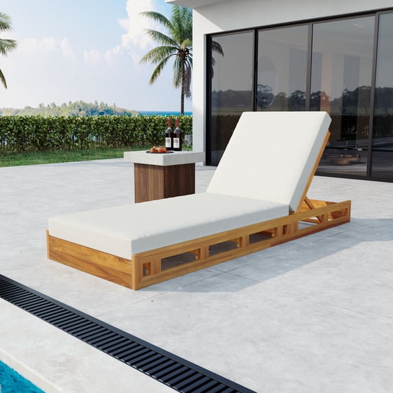 Christopher Knight Home Patio Wood Chaise Lounge with Adjustable Backrest, Slatted Base and Cushion, Cream