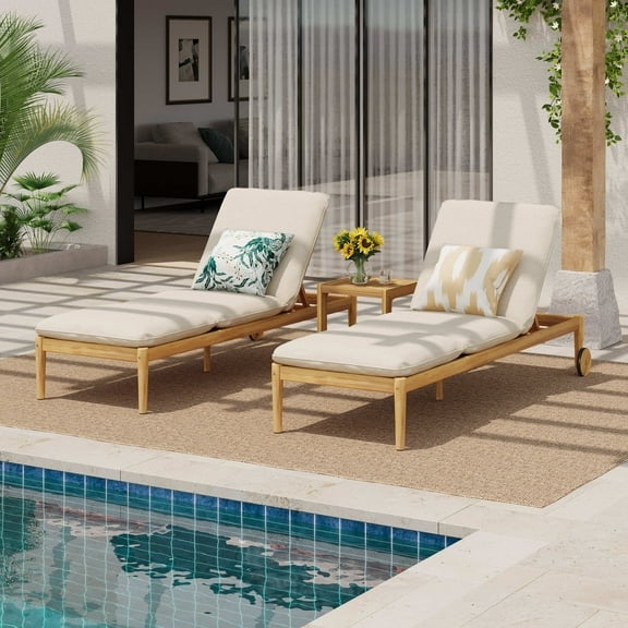 Christopher Knight Home Patio Wood Chaise Lounges with Adjustable Backrest & Wheels, Beige Cushions, Set of 2