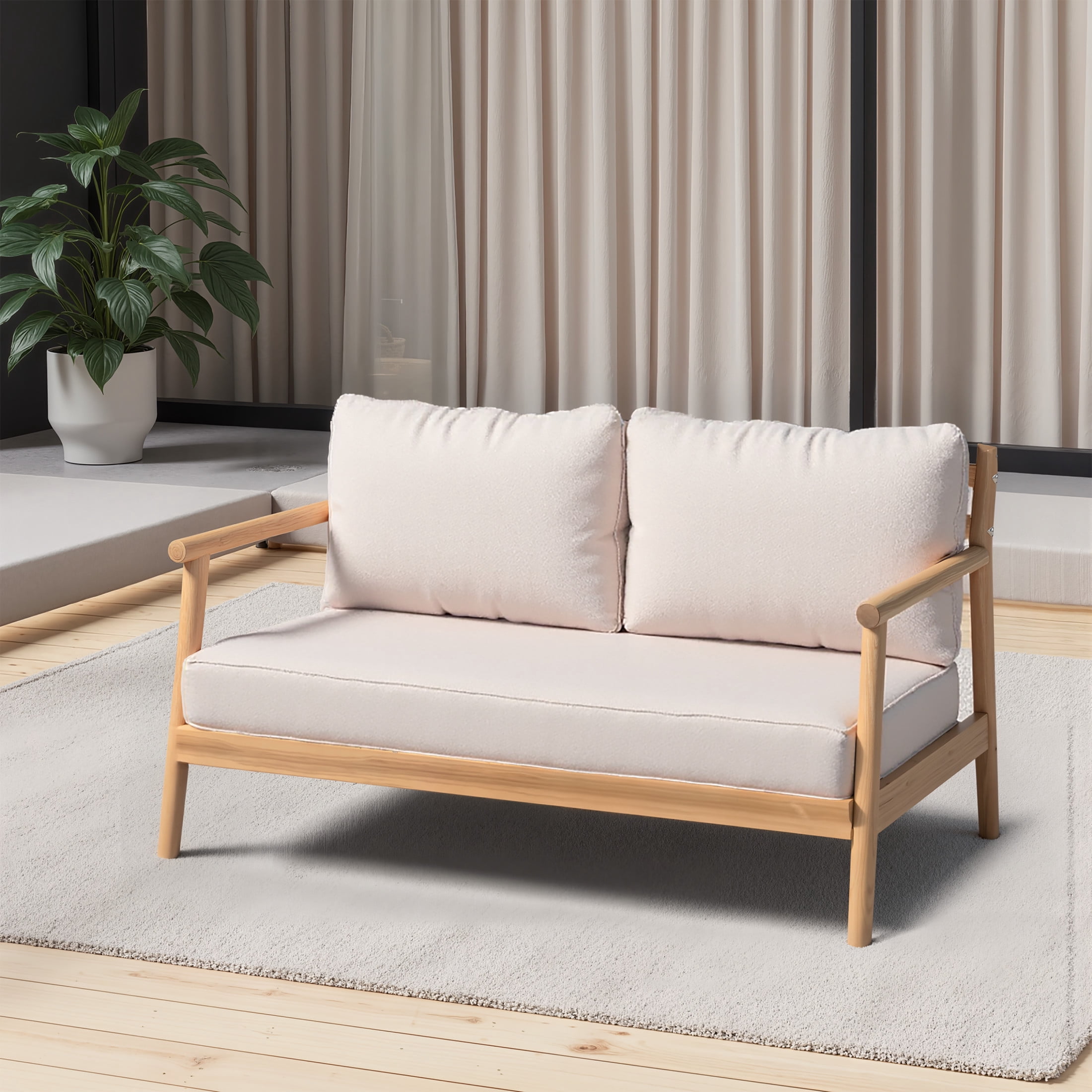 Christopher Knight Home Patio Wood Loveseat, Outdoor 2-Seater Sofa Couch with 5" Cushions, Teak + Beige