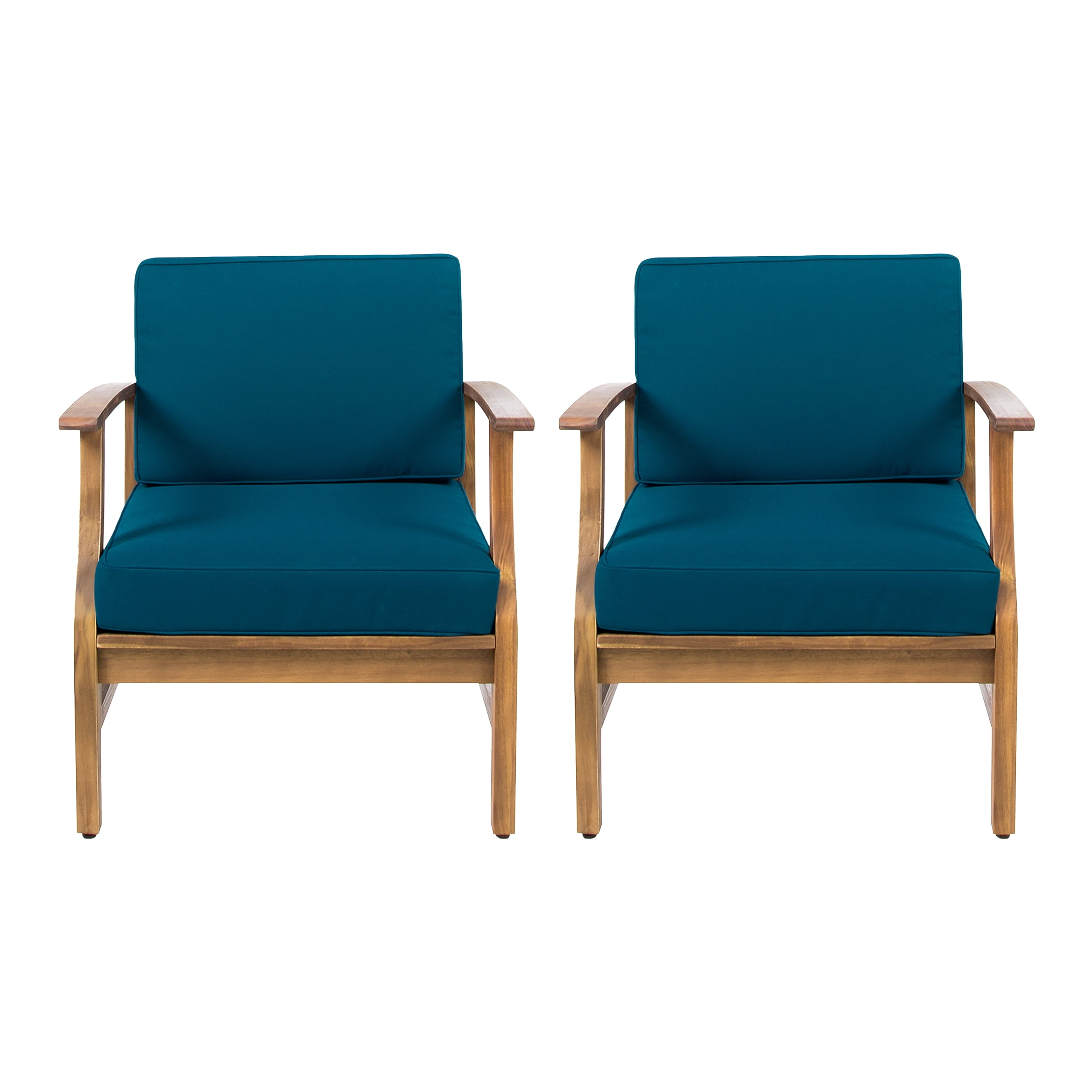 Perla Blue Acacia Wood Club Chairs with Cushions, Set of 2