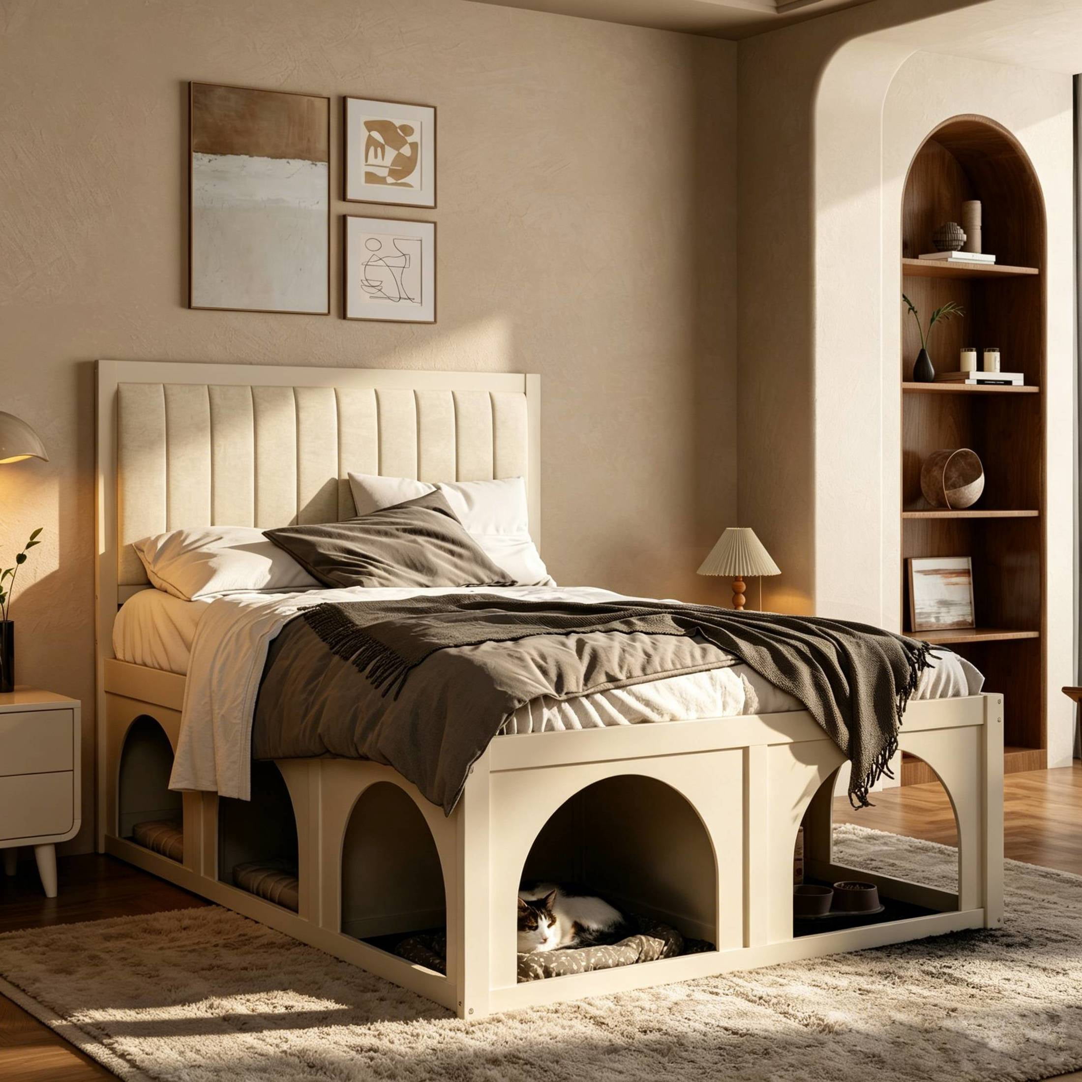 Christopher Knight Home Pet-Friendly Platform Bed with Nook, Upholstered Headboard, Full Size, Beige