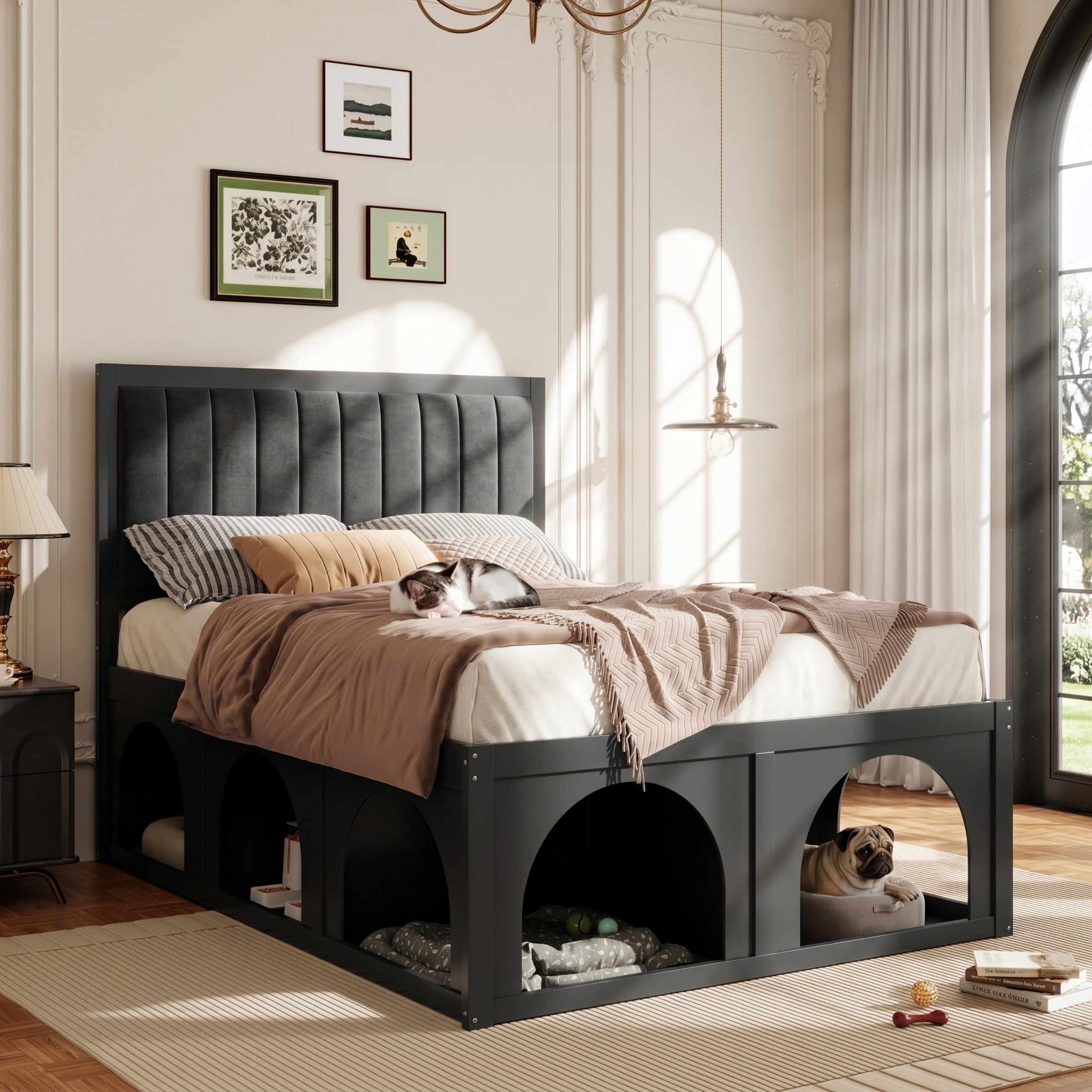 Christopher Knight Home Pet-Friendly Platform Bed with Nook, Upholstered Headboard, Full Size, Black