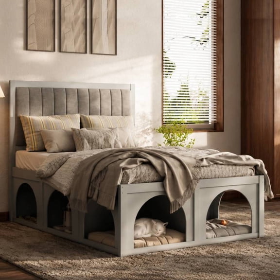 Christopher Knight Home Pet-Friendly Platform Bed with Nook, Upholstered Headboard, Full Size, Light Gray