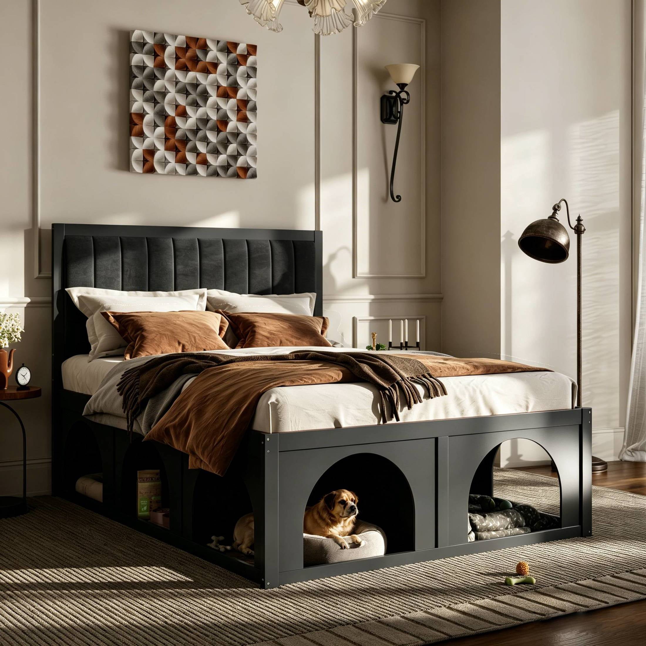 Christopher Knight Home Pet-Friendly Platform Bed with Nook, Upholstered Headboard, Queen Size, Black