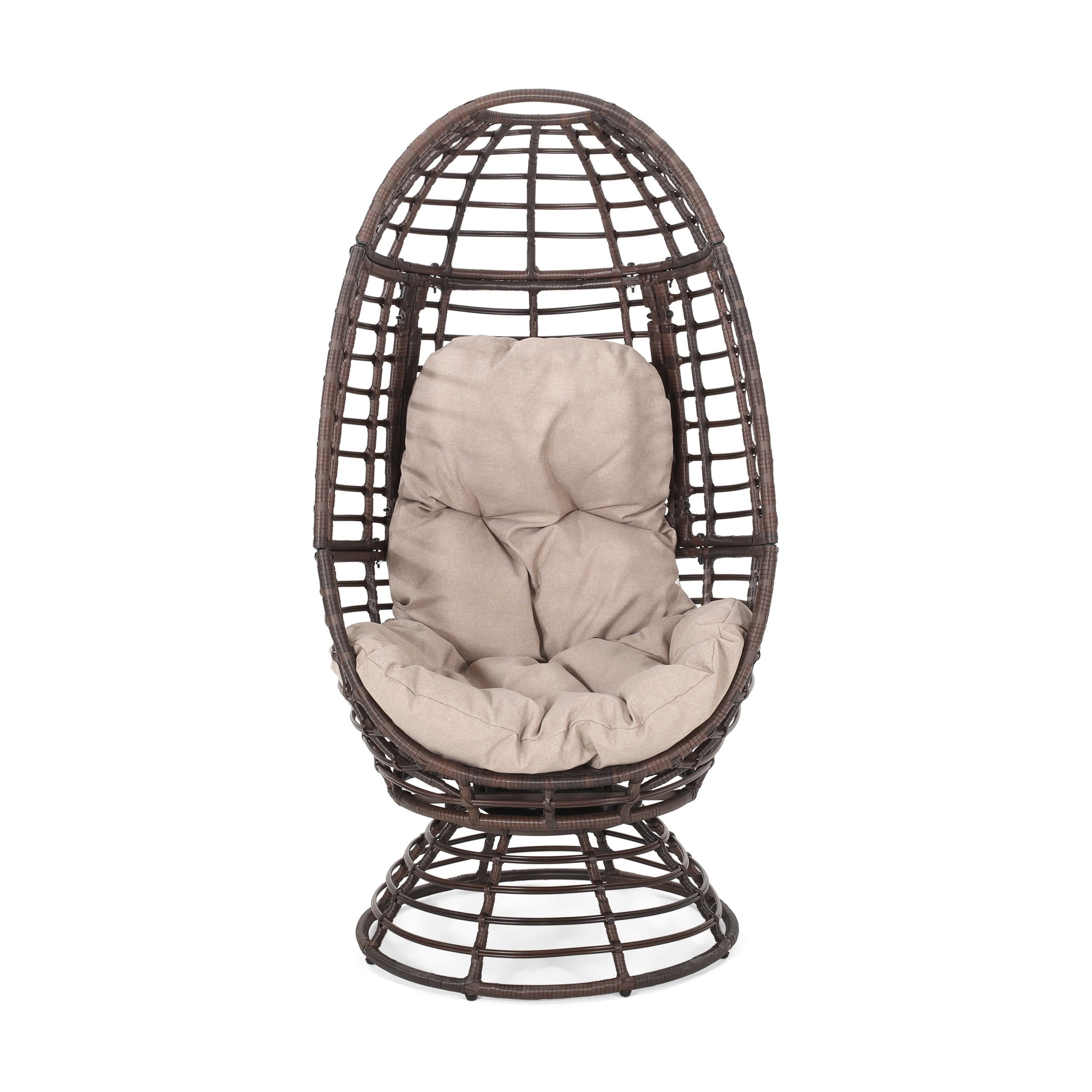 Dark Brown Faux Rattan Swivel Egg Chair with Beige Cushions