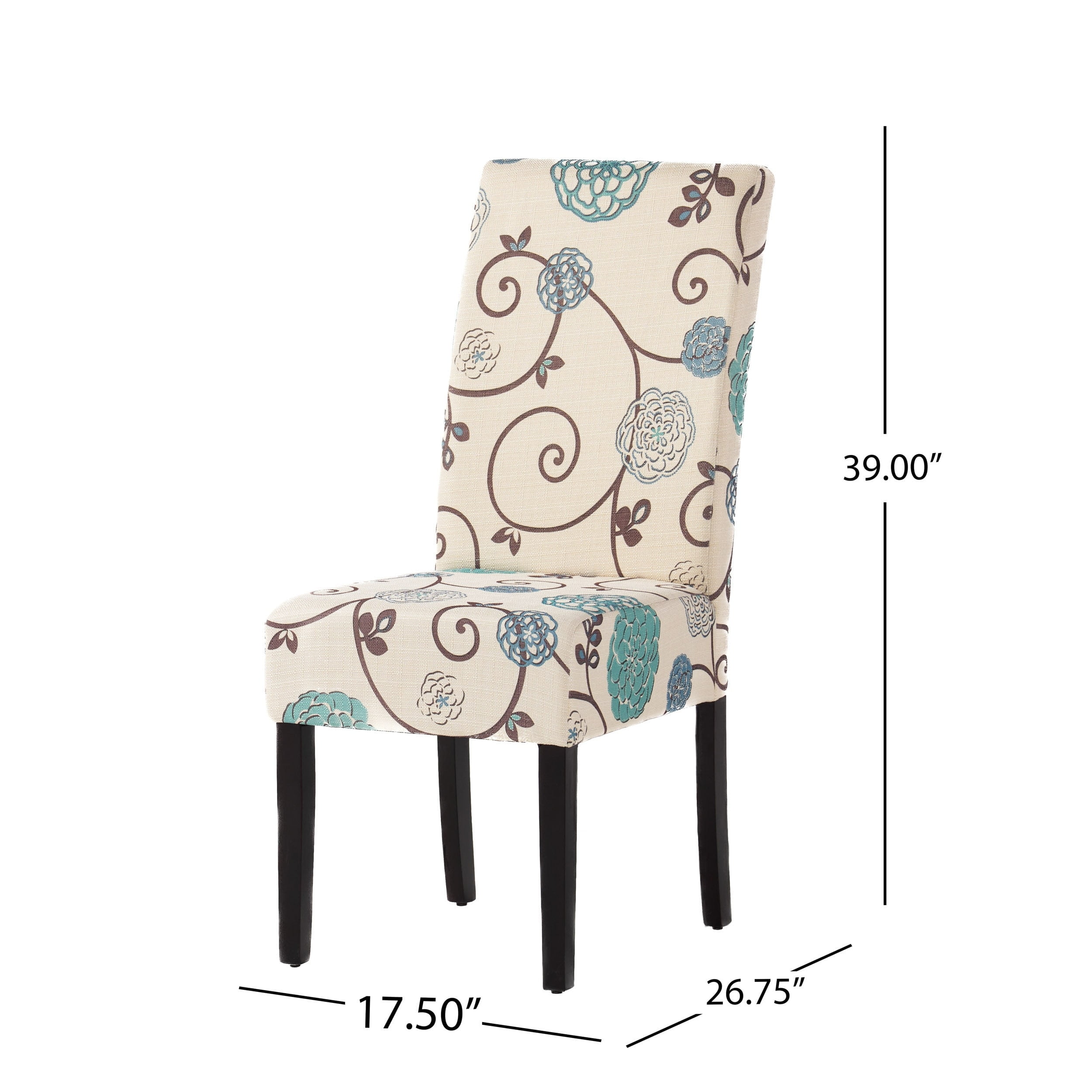 Blue Floral Upholstered Side Chair with Wood Legs