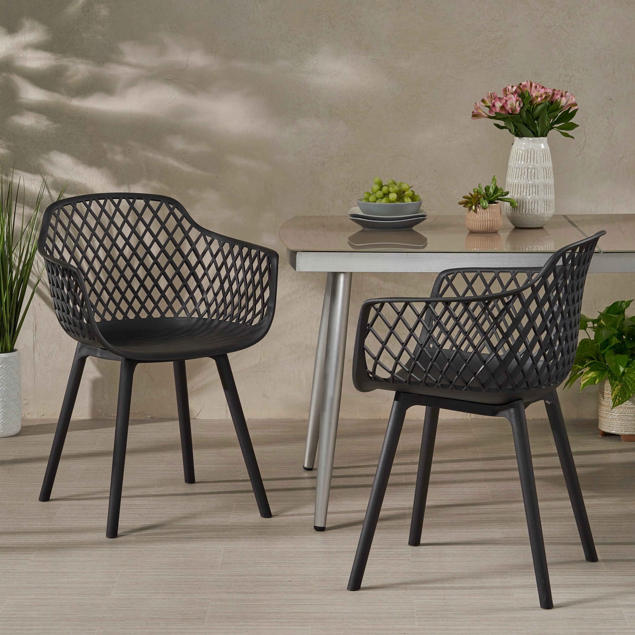 Black Polypropylene Resin Outdoor Dining Chairs, Set of 2