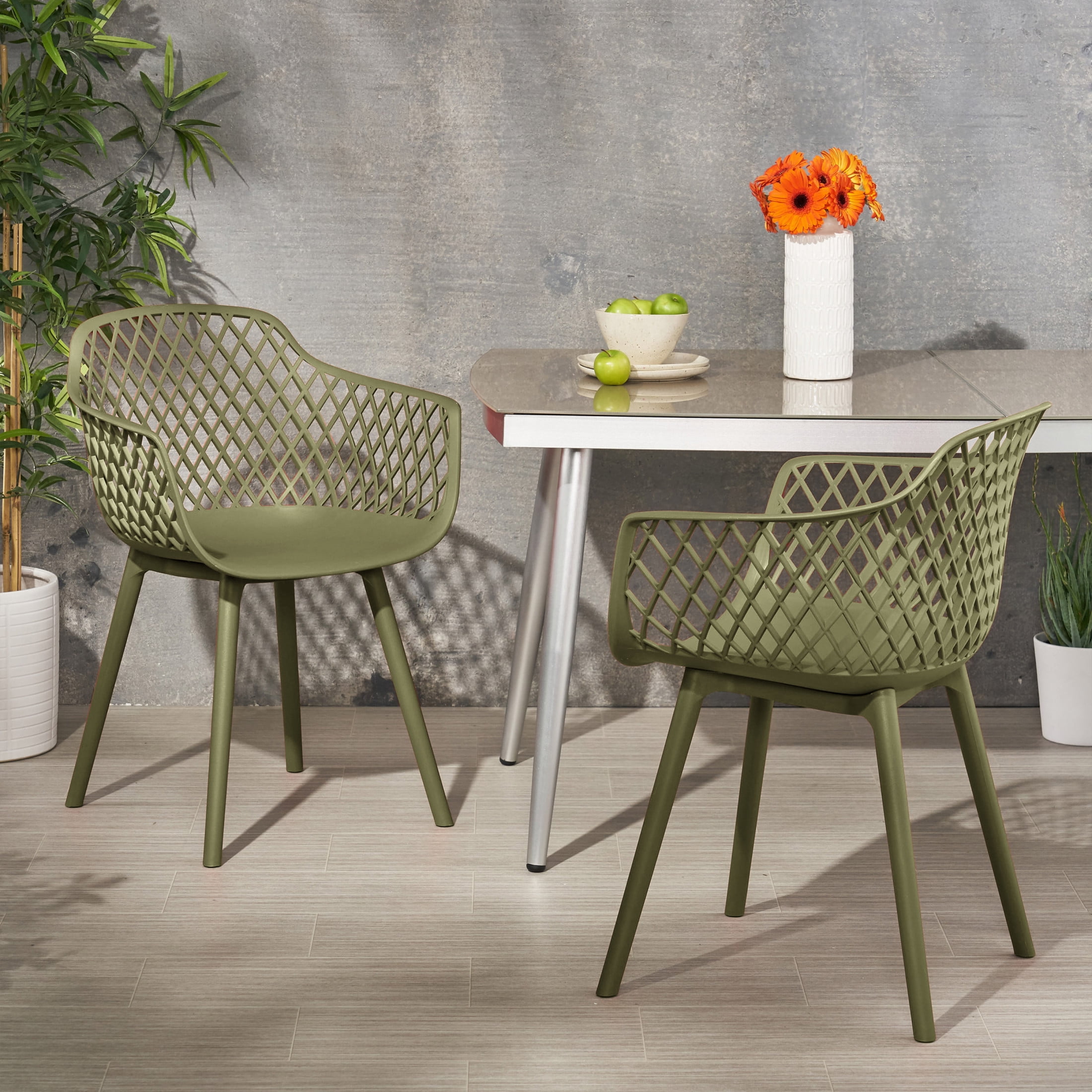 Christopher Knight Home Poppy Plastic Outdoor Dining Chairs Set of 2, Mesh Back Design, Olive Green