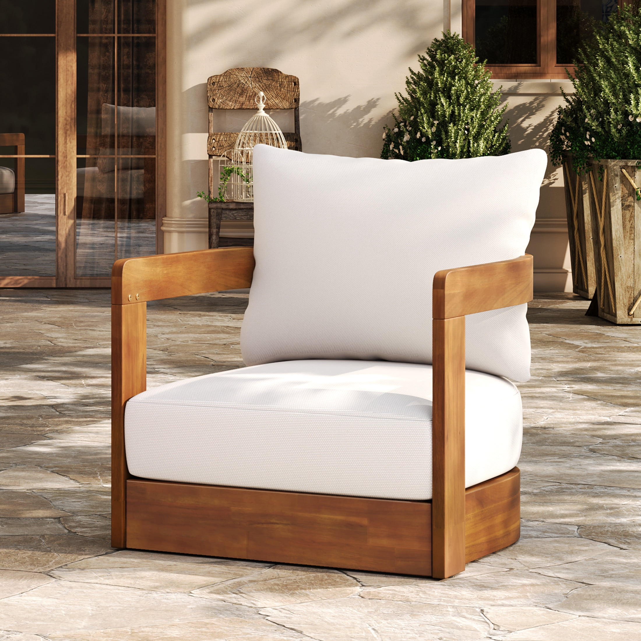 Christopher Knight Home Premium Outdoor Patio Club Chair, Curved Tub Design with Cushions, Teak+Beige