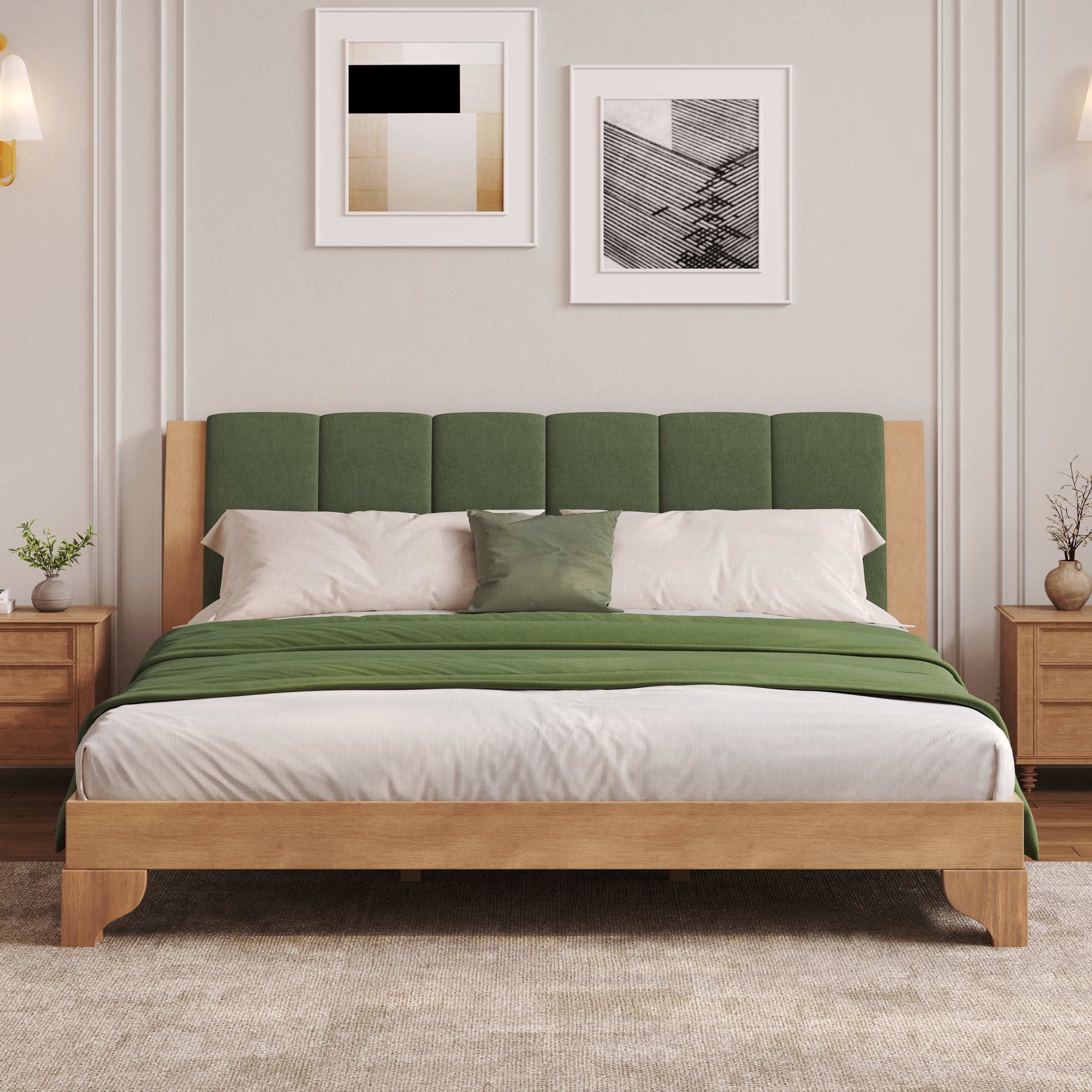 Christopher Knight Home Premium Pine Wood King Bed Frame with Headboard, Mid-Century Modern Design, Natural+Green