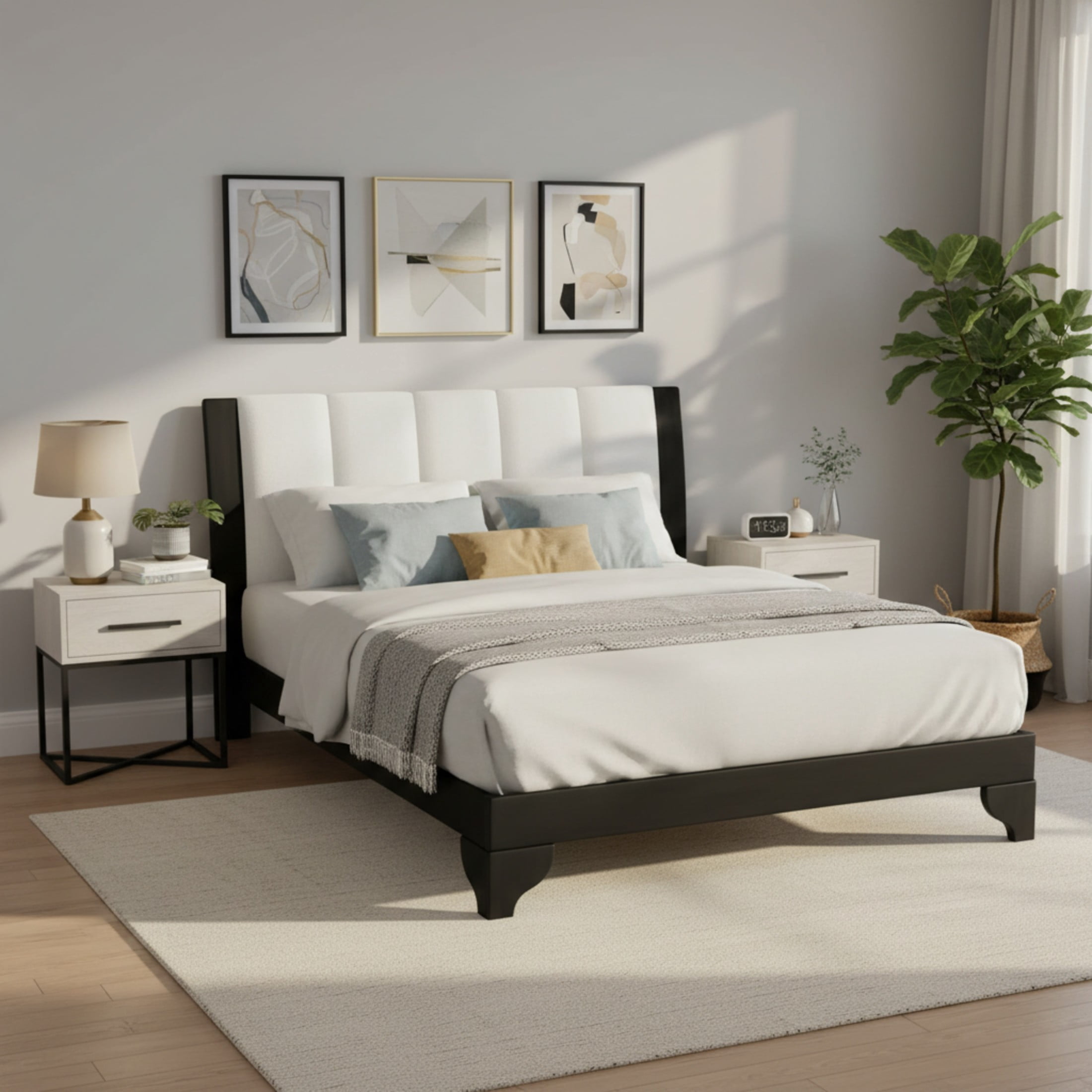 Christopher Knight Home Premium Pine Wood Queen Bed Frame with Headboard, Mid-Century Modern Design, Black+White