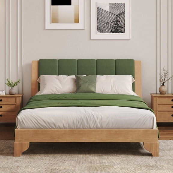 Christopher Knight Home Premium Pine Wood Queen Bed Frame with Headboard, Mid-Century Modern Design, Natural+Green