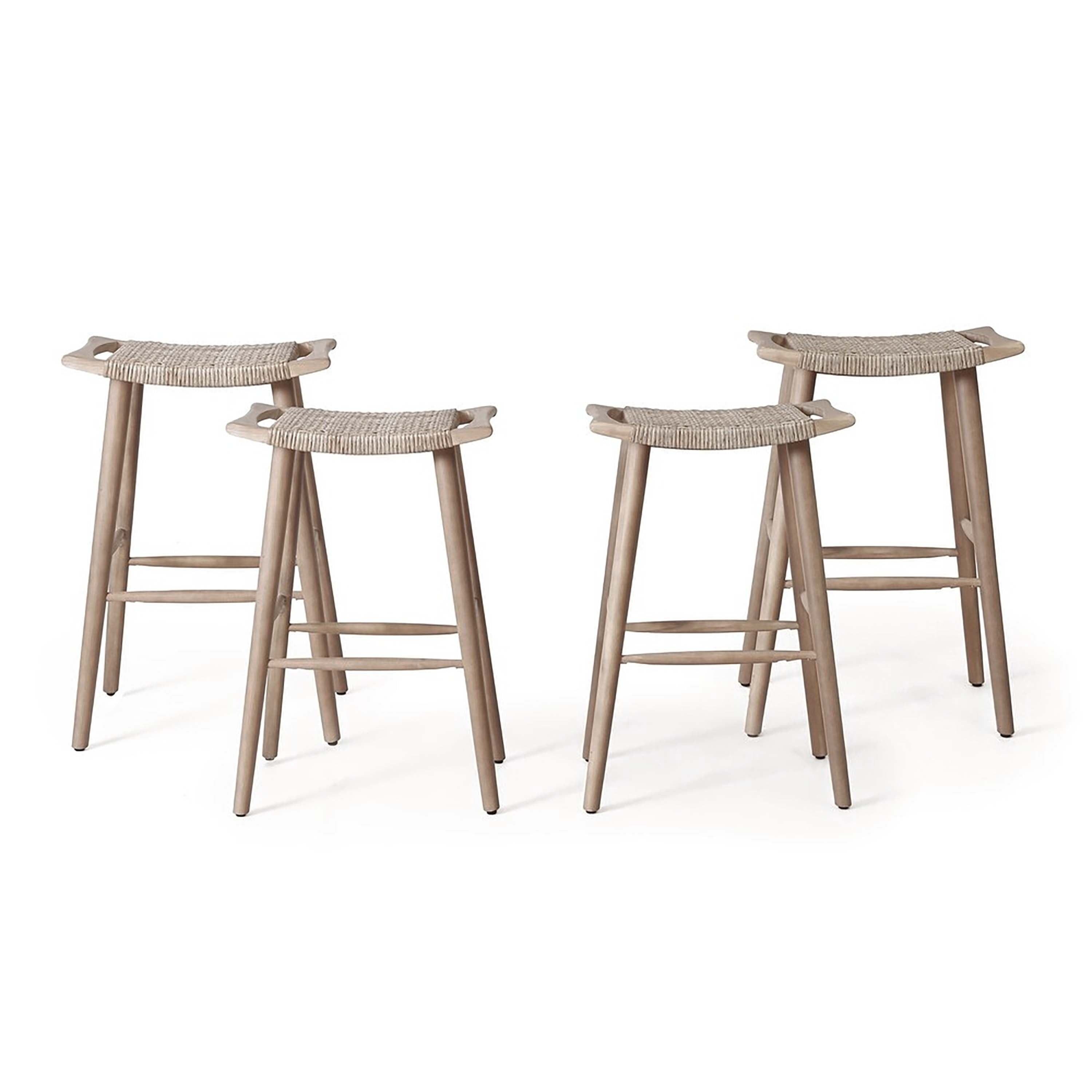 Light Brown Acacia Wood and Wicker Outdoor Bar Stools, Set of 4