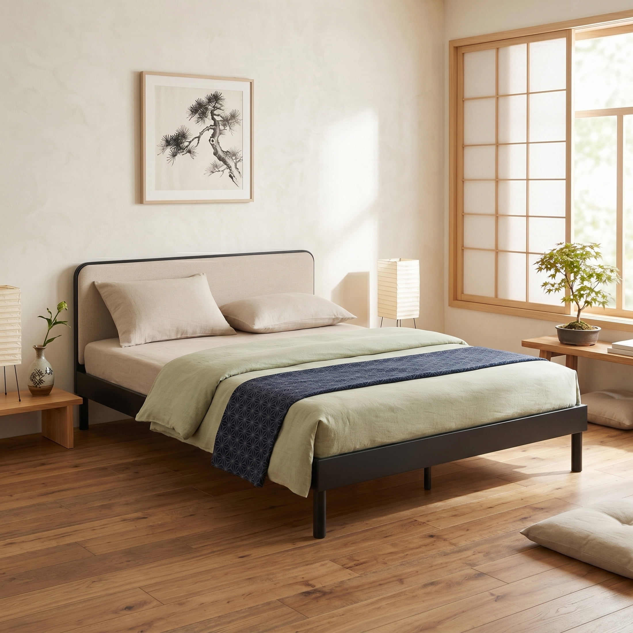 Christopher Knight Home Queen Bamboo Platform Bed Frame with Upholstered Headboard, Black