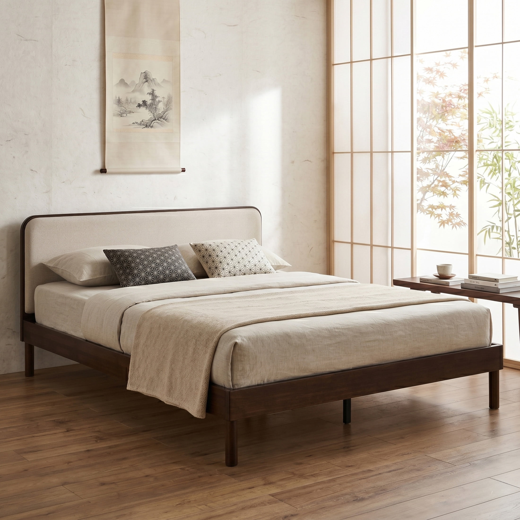 Christopher Knight Home Queen Bamboo Platform Bed Frame with Upholstered Headboard, Chocolate