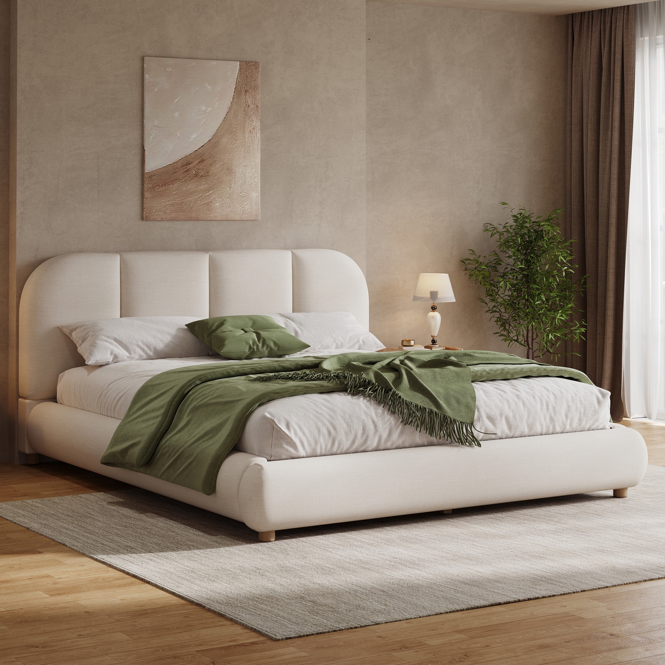 Christopher Knight Home Queen Bed Frame with Curved Headboard & Wooden Legs, Linen Fabric, Beige