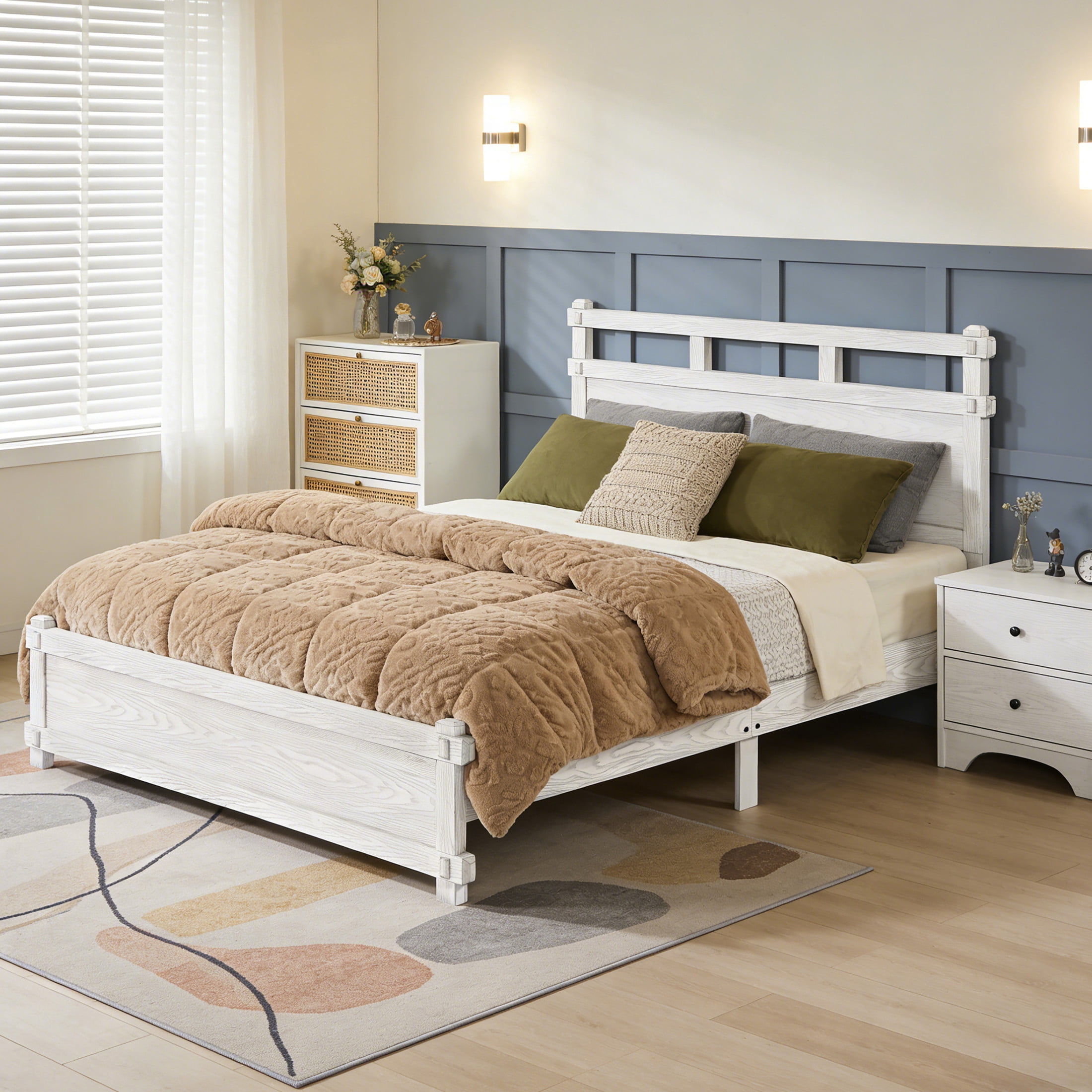 Christopher Knight Home Queen Bed Frame with Farmhouse Headboard, No Box Spring Required, Antique White