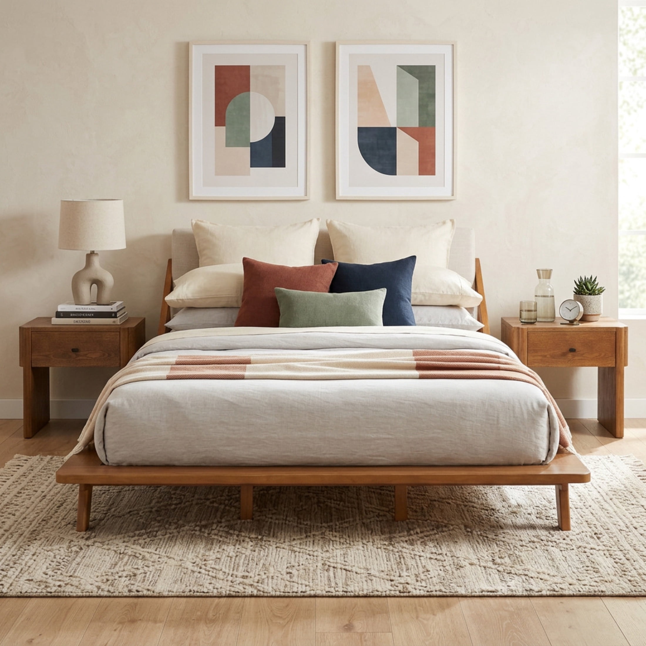 Christopher Knight Home Queen Bed Frame with Upholstered Headboard and 2 Brown Nightstands, Beige+Natural