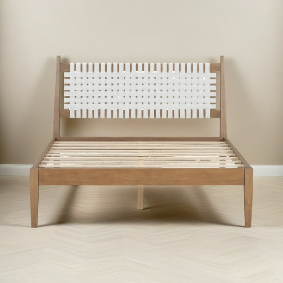 Christopher Knight Home Queen Bed Frame with White Woven Leather Headboard, Solid Wood, Natural Finish